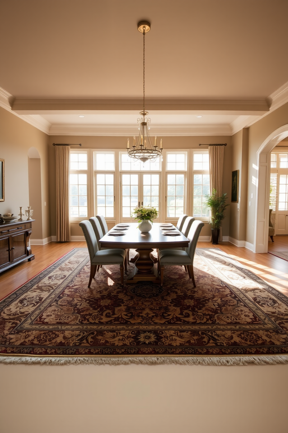 A dining room featuring a large wooden table surrounded by upholstered chairs in a soft fabric. The table is layered with a textured linen tablecloth and adorned with an elegant centerpiece of fresh flowers and candles. The walls are painted in a warm neutral tone, complemented by artwork that adds a pop of color. Soft lighting from a stylish chandelier casts a warm glow, enhancing the inviting atmosphere of the space.