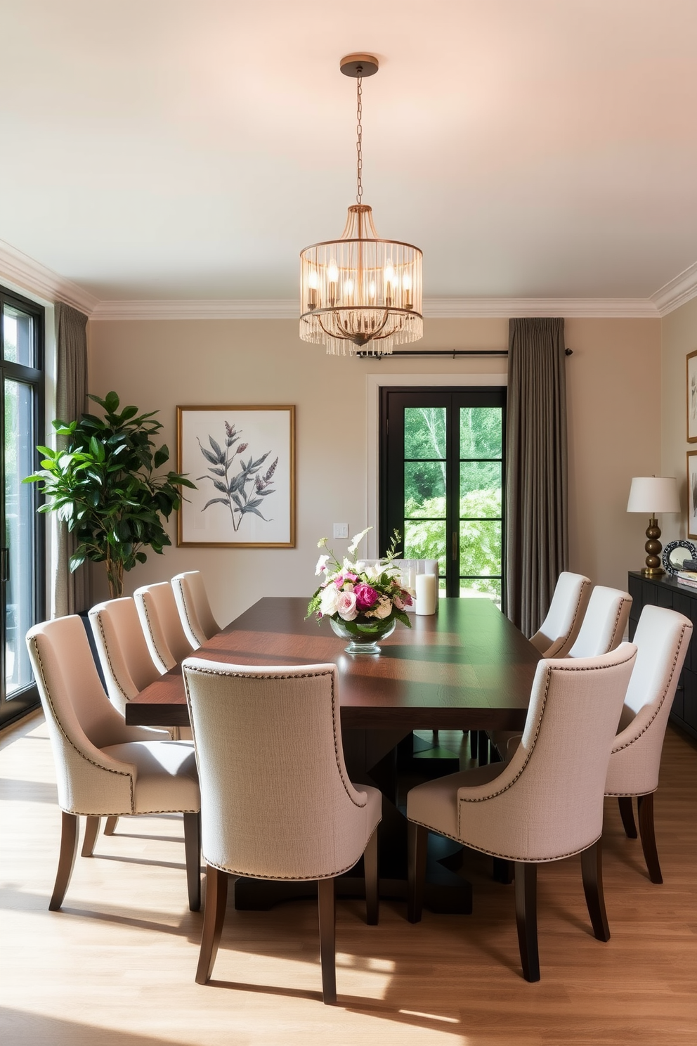 A stylish dining room featuring a large wooden table surrounded by upholstered chairs in a soft neutral fabric. The walls are adorned with botanical prints, and a statement chandelier hangs above the table, illuminating the space. In one corner, a tall indoor plant adds a touch of greenery, while a vase of fresh flowers sits on the table, enhancing the inviting atmosphere. Large windows allow natural light to flood the room, creating a warm and welcoming environment.