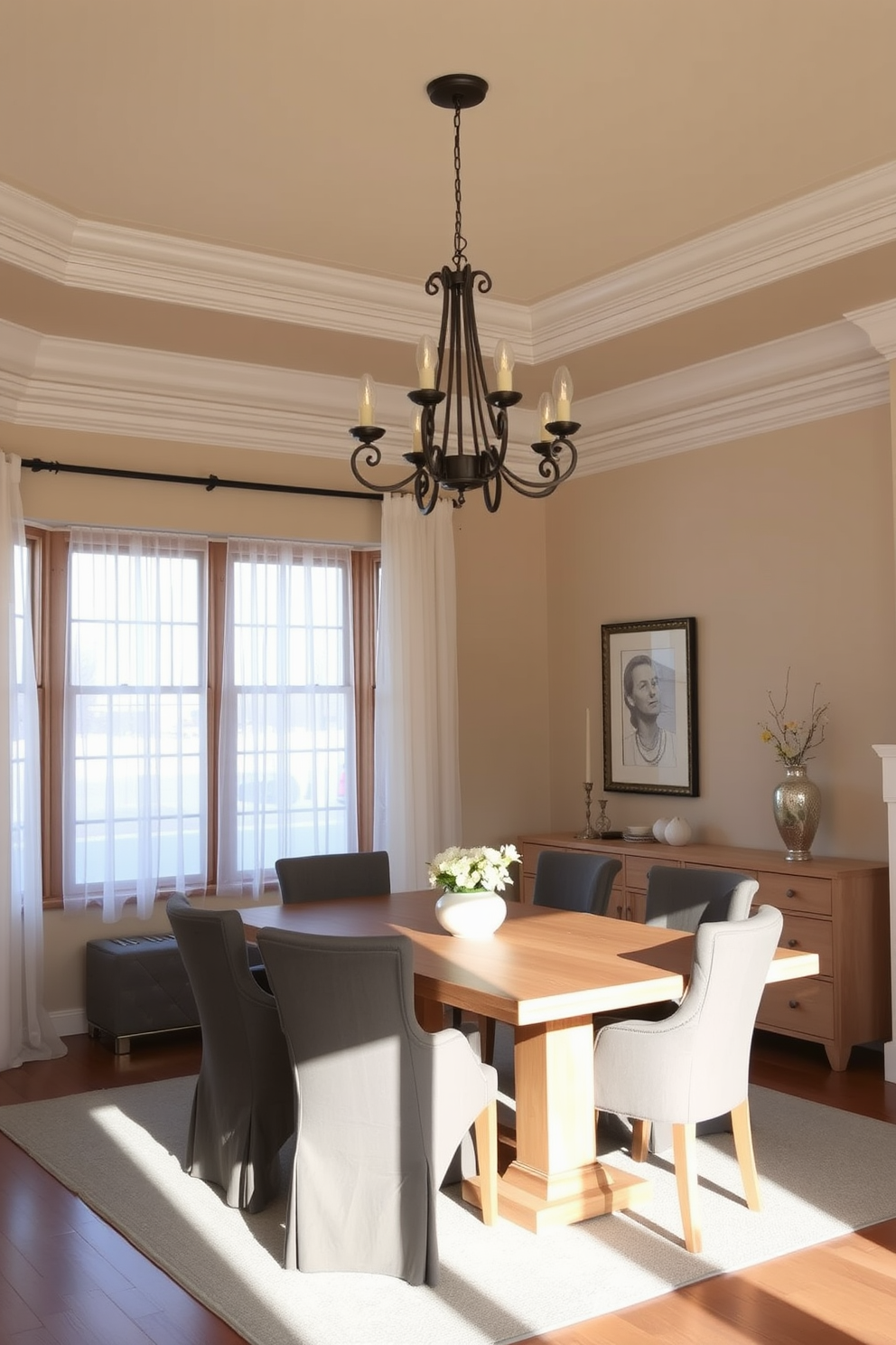 A dining room designed with a neutral color palette creates a serene and inviting atmosphere. The walls are painted in a soft beige, complemented by a light wood dining table surrounded by upholstered chairs in a muted gray. A statement chandelier hangs above the table, providing warm ambient light. Large windows dressed with sheer white curtains allow natural light to fill the space, enhancing the overall warmth of the room.