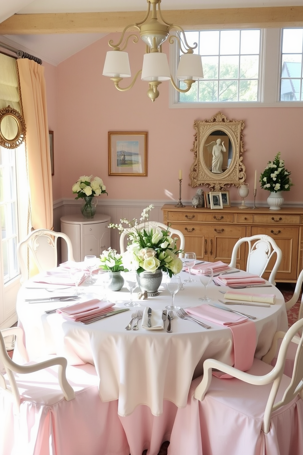 A charming dining room adorned with pastel colored table linens that evoke the essence of spring. The table is set with delicate floral centerpieces, and soft pastel hues create a warm and inviting atmosphere for Easter celebrations.