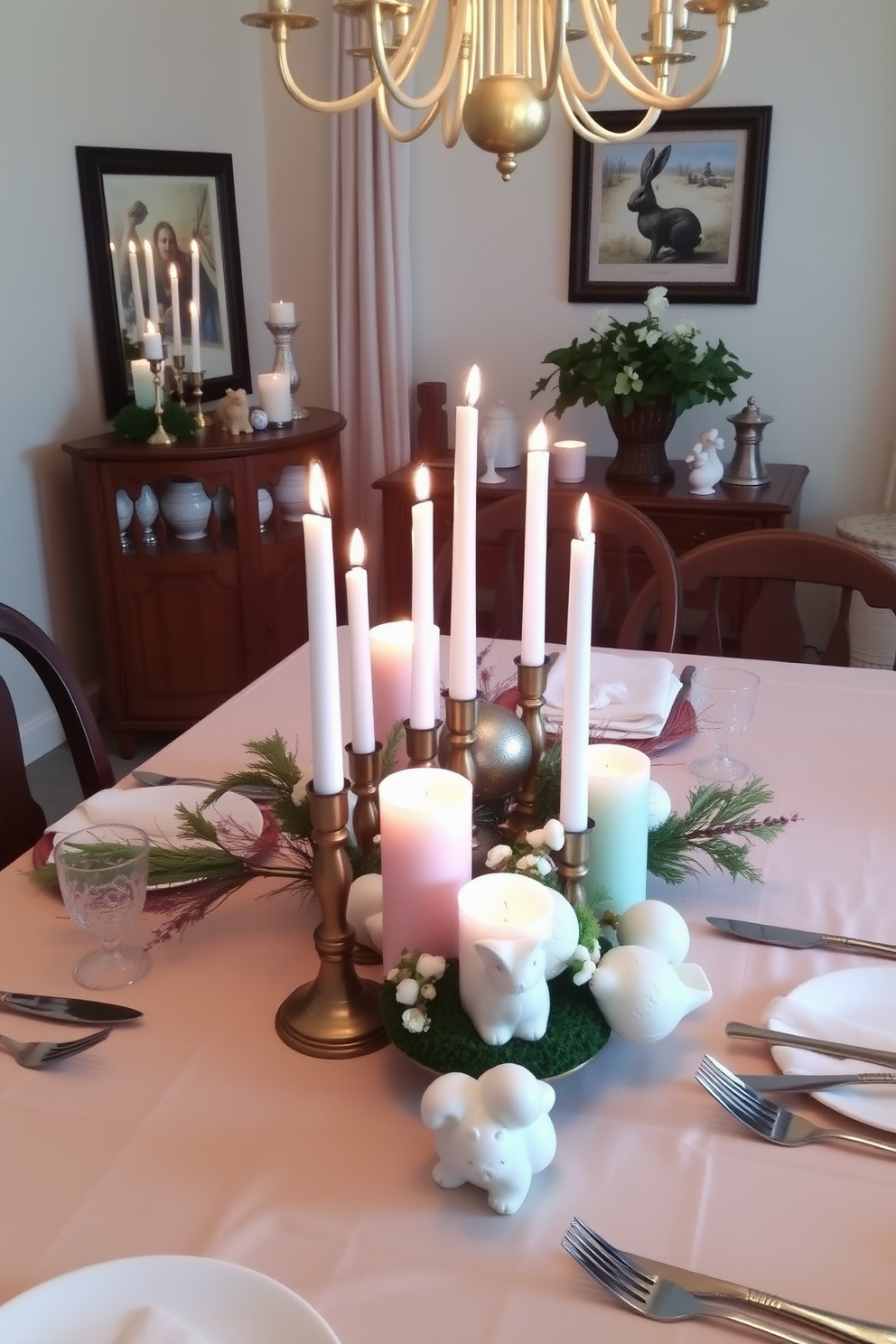 A cozy dining room setting adorned with candles in pastel holders that create a warm ambiance. The table is elegantly set with a light-colored tablecloth, and seasonal decorations featuring Easter themes are tastefully arranged around the centerpiece.