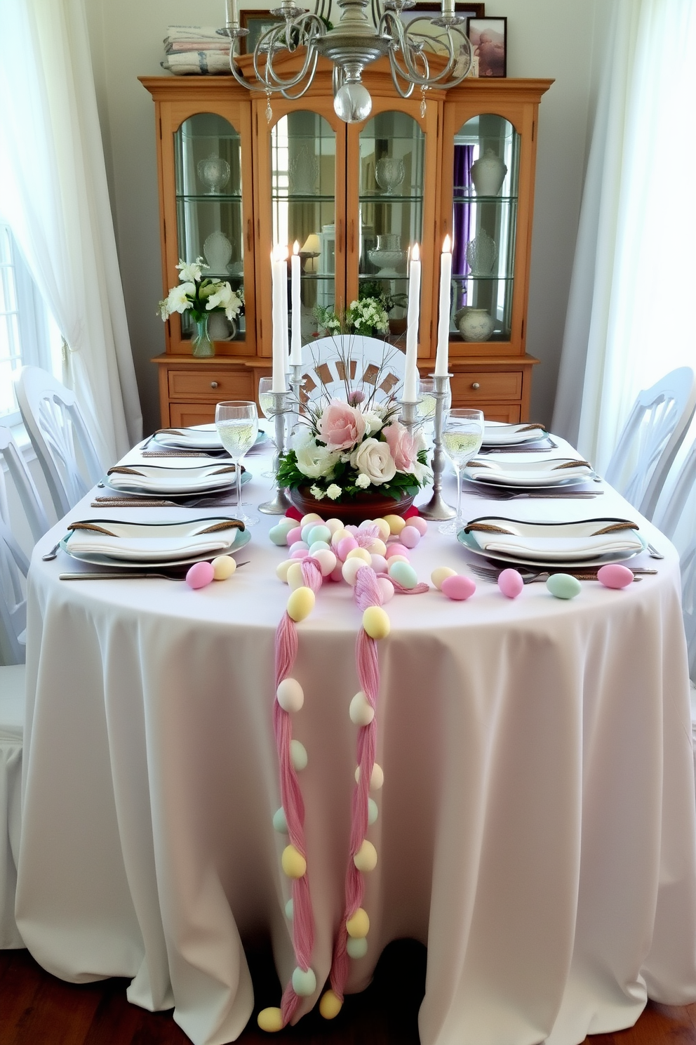 A beautifully set dining room table adorned with egg garlands in pastel colors draped elegantly across the center. The table features a crisp white tablecloth, with delicate floral arrangements and decorative candles enhancing the festive Easter atmosphere.