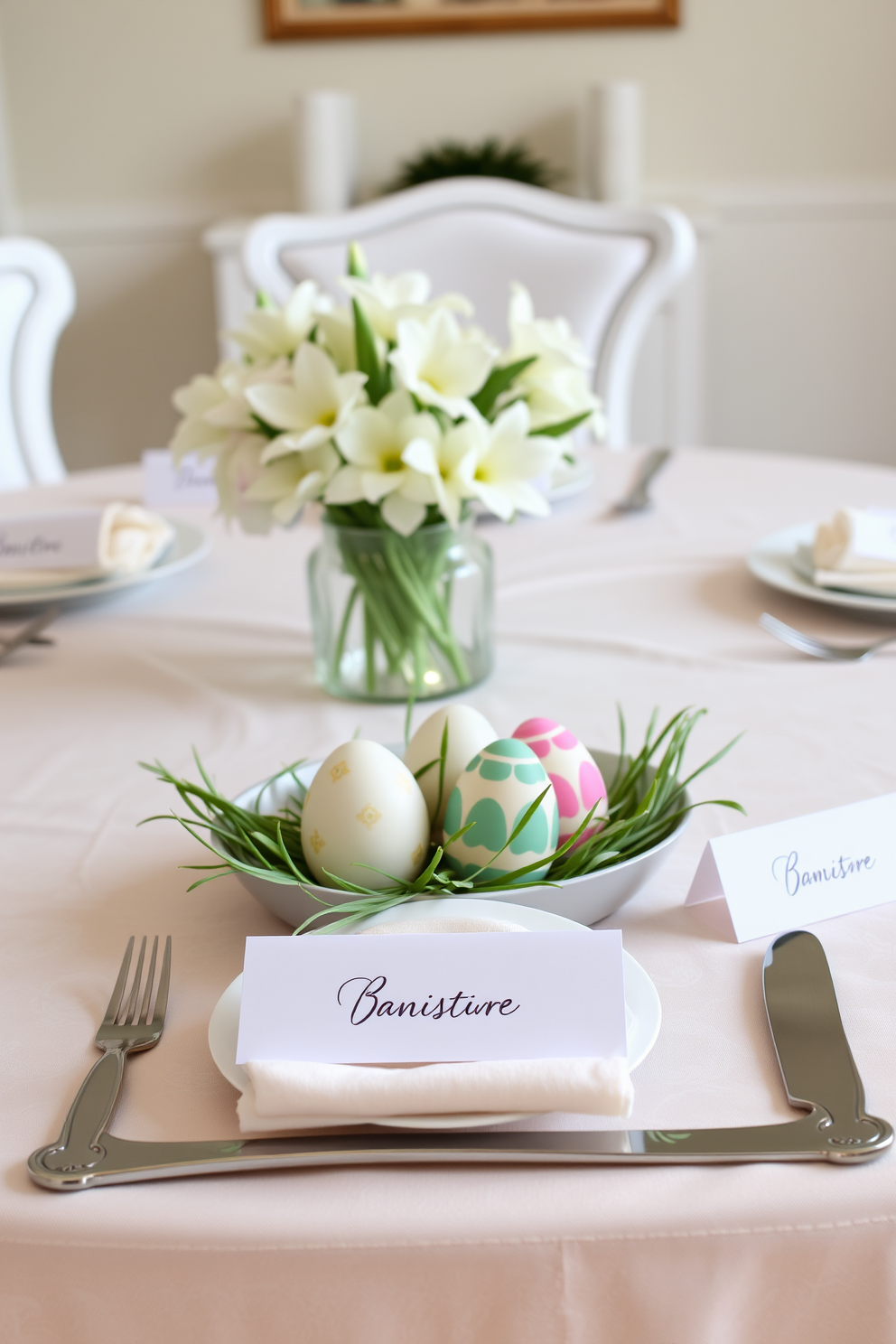 A beautifully set dining table for Easter featuring personalized name cards placed next to elegantly painted eggs. The table is adorned with a pastel-colored tablecloth, and fresh spring flowers are arranged in a vase at the center.