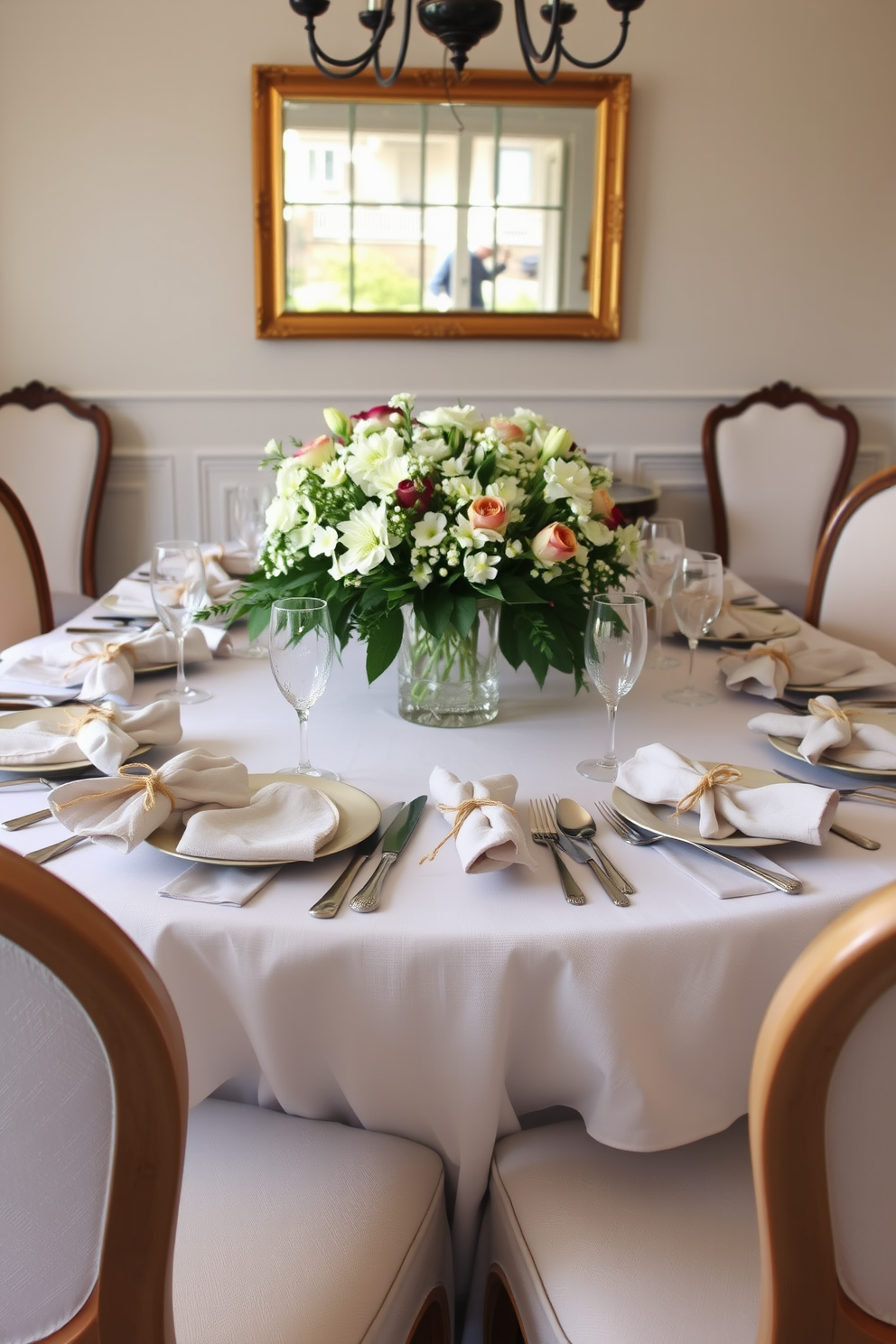 A beautifully set dining table adorned with linen napkins tied with twine. The table is surrounded by elegant chairs, and a centerpiece of fresh flowers adds a touch of spring to the festive atmosphere.