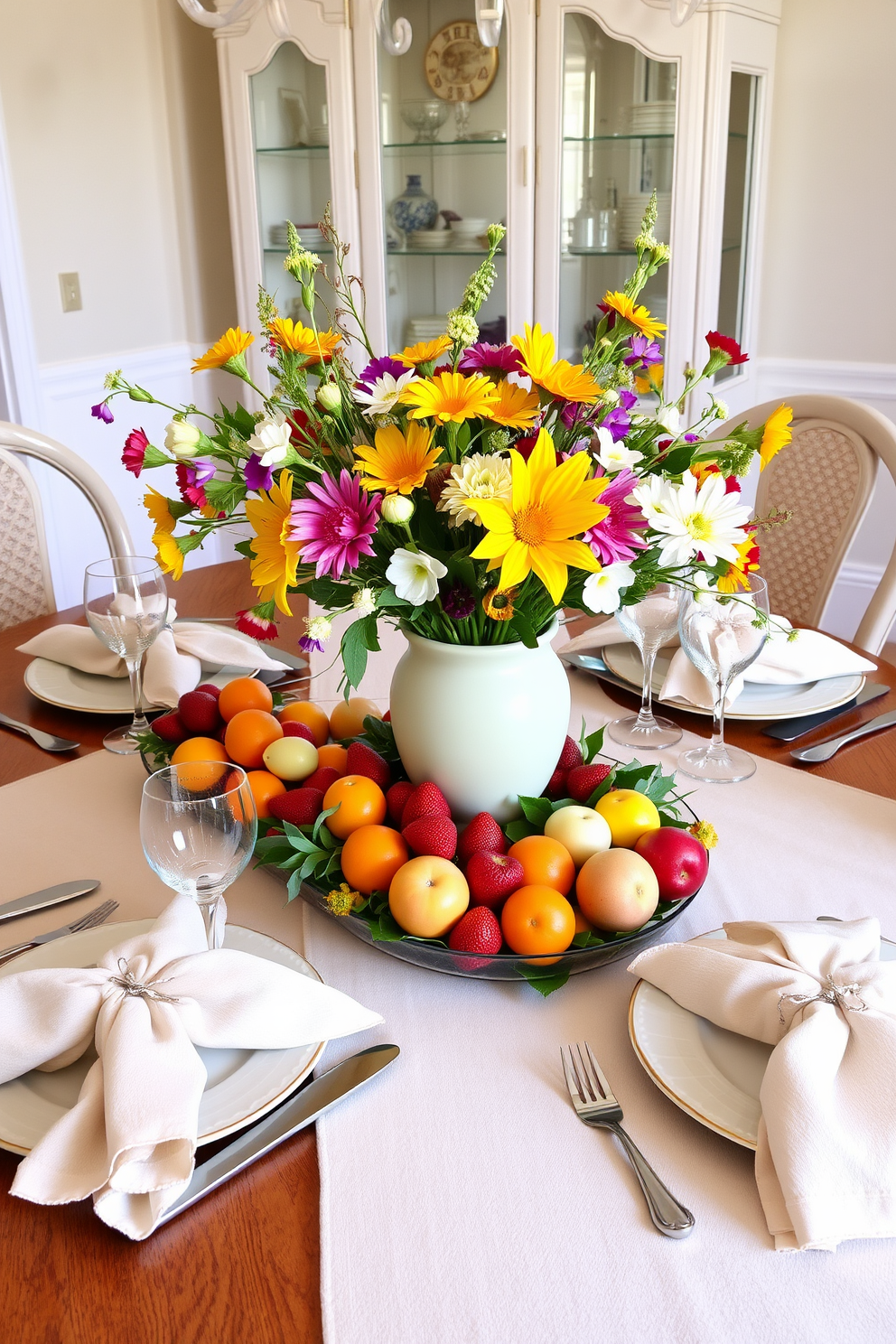 A beautifully arranged dining table featuring a seasonal fruit and floral centerpiece. The centerpiece includes vibrant spring flowers in a pastel vase surrounded by an assortment of fresh fruits like strawberries, oranges, and apples. The table is set with elegant dinnerware and soft linen napkins, creating a warm and inviting atmosphere for Easter celebrations. A subtle pastel table runner complements the decor, enhancing the festive spirit of the dining room.