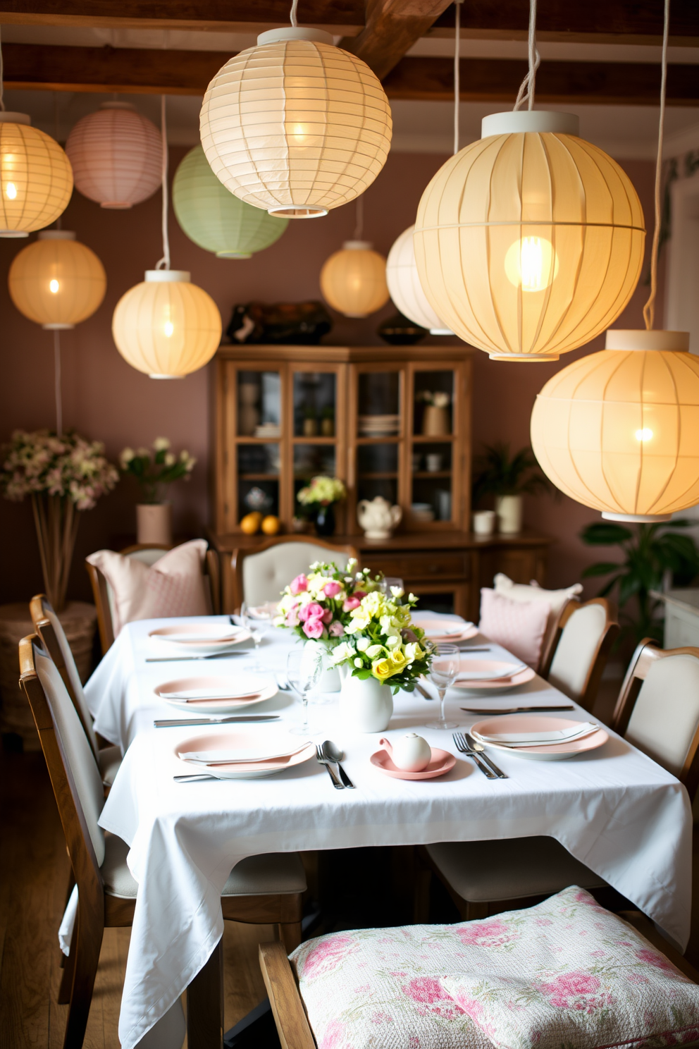 A cozy dining room adorned with hanging paper lanterns that softly illuminate the space. The table is beautifully set with pastel-colored tableware and fresh flowers, creating a festive atmosphere for Easter celebrations.