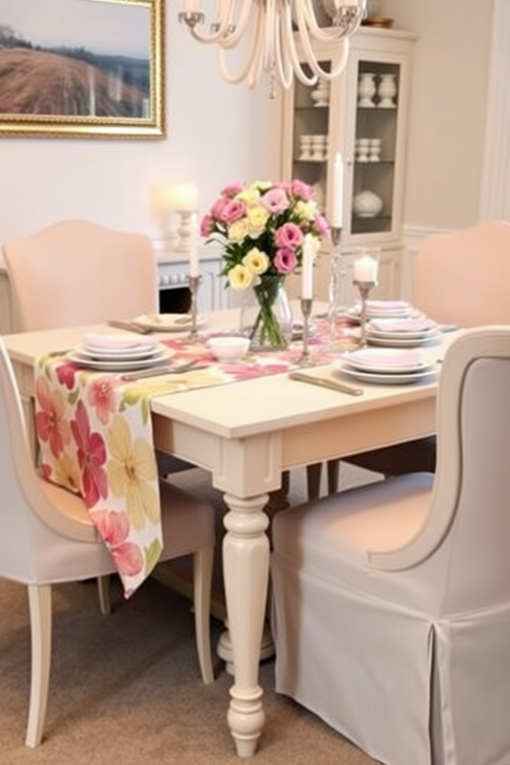 A beautifully set dining table features a soft linen table runner adorned with vibrant floral patterns in shades of pink and yellow. Surrounding the table are elegant dining chairs upholstered in a complementary fabric, creating a warm and inviting atmosphere for Easter celebrations. Delicate pastel-colored dishes are arranged on the table, with fresh flowers in a vase as a centerpiece. Soft candlelight flickers from decorative holders, enhancing the festive ambiance of the dining room.