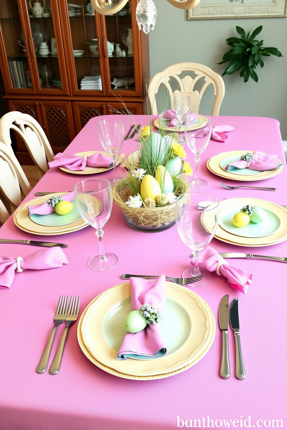 Easter themed tableware is elegantly arranged on a beautifully set dining table. The table features pastel colored plates, vibrant napkins, and decorative egg centerpieces that create a festive atmosphere.