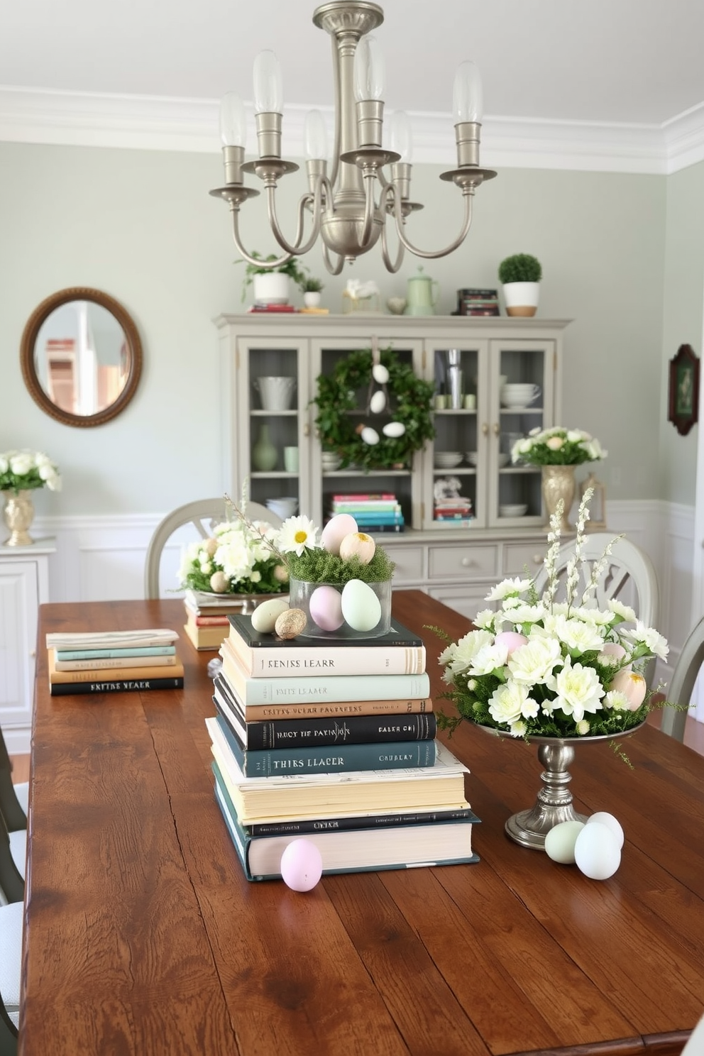 A charming dining room adorned with vintage books stacked elegantly as decor. The books are arranged on a rustic wooden table, surrounded by soft pastel Easter decorations like delicate egg centerpieces and floral arrangements.