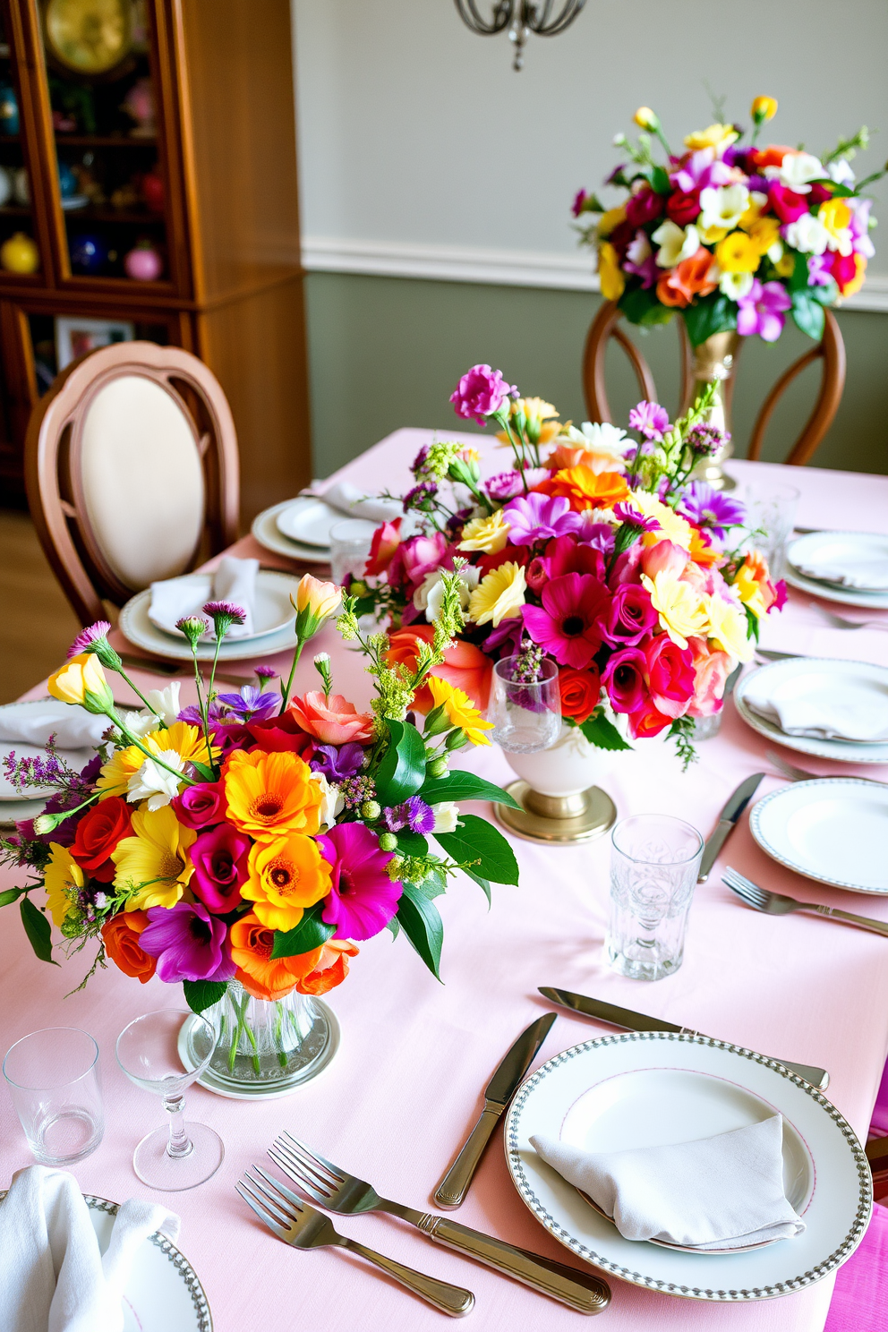 A beautifully set dining table adorned with vibrant floral centerpieces featuring fresh blooms in an array of colors. The table is elegantly dressed with a soft pastel tablecloth, and delicate china plates complement the cheerful spring theme.