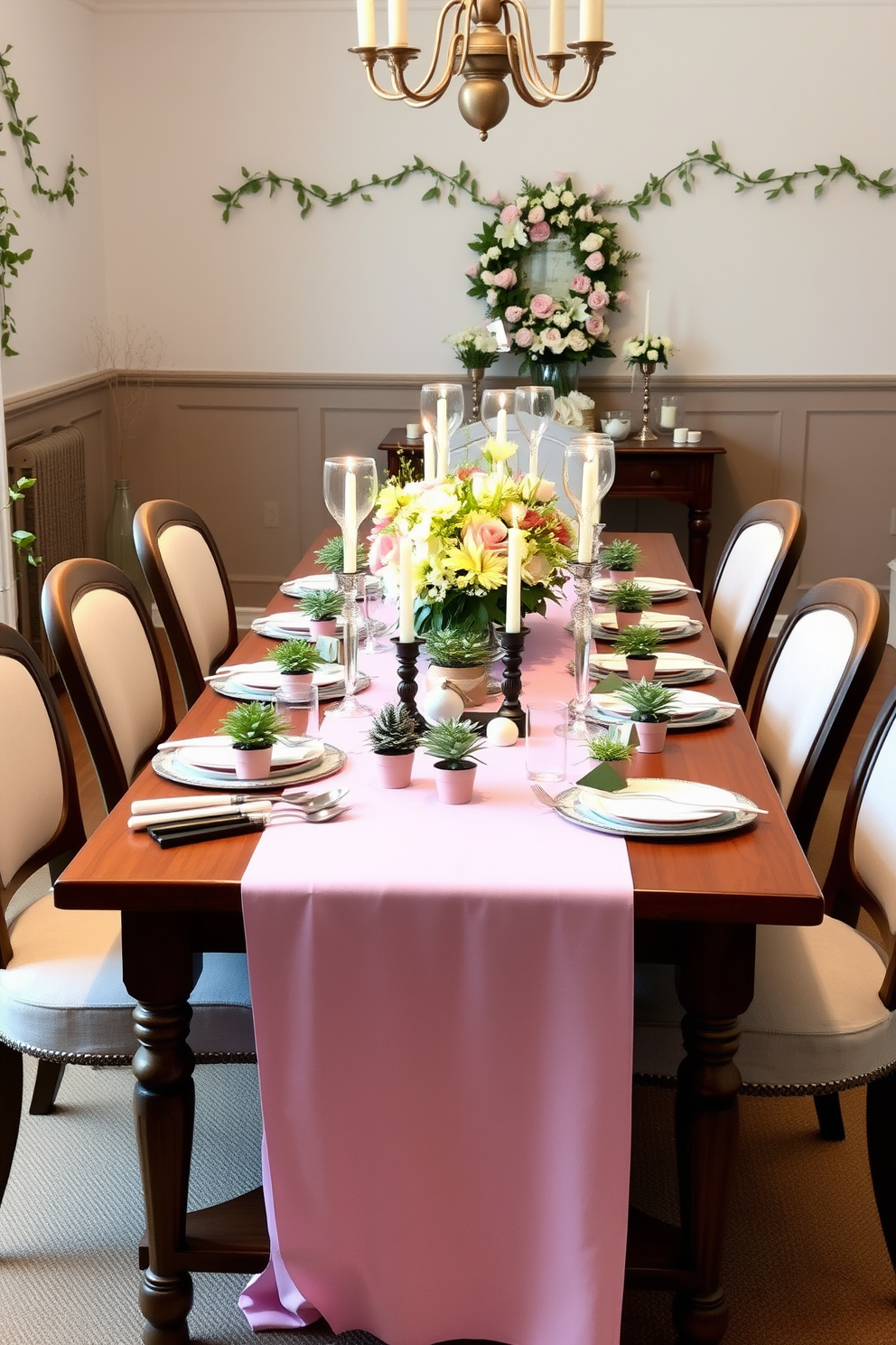 Create a charming dining room setting for Easter featuring a long wooden table adorned with a pastel-colored tablecloth. Miniature potted plants are placed at each setting, serving as delightful favors for guests, while soft white candles illuminate the table. The walls are decorated with subtle floral garlands, and a large centerpiece of fresh spring flowers adds a vibrant touch. Surrounding the table, elegant dining chairs are upholstered in a light fabric, creating a warm and inviting atmosphere for the celebration.