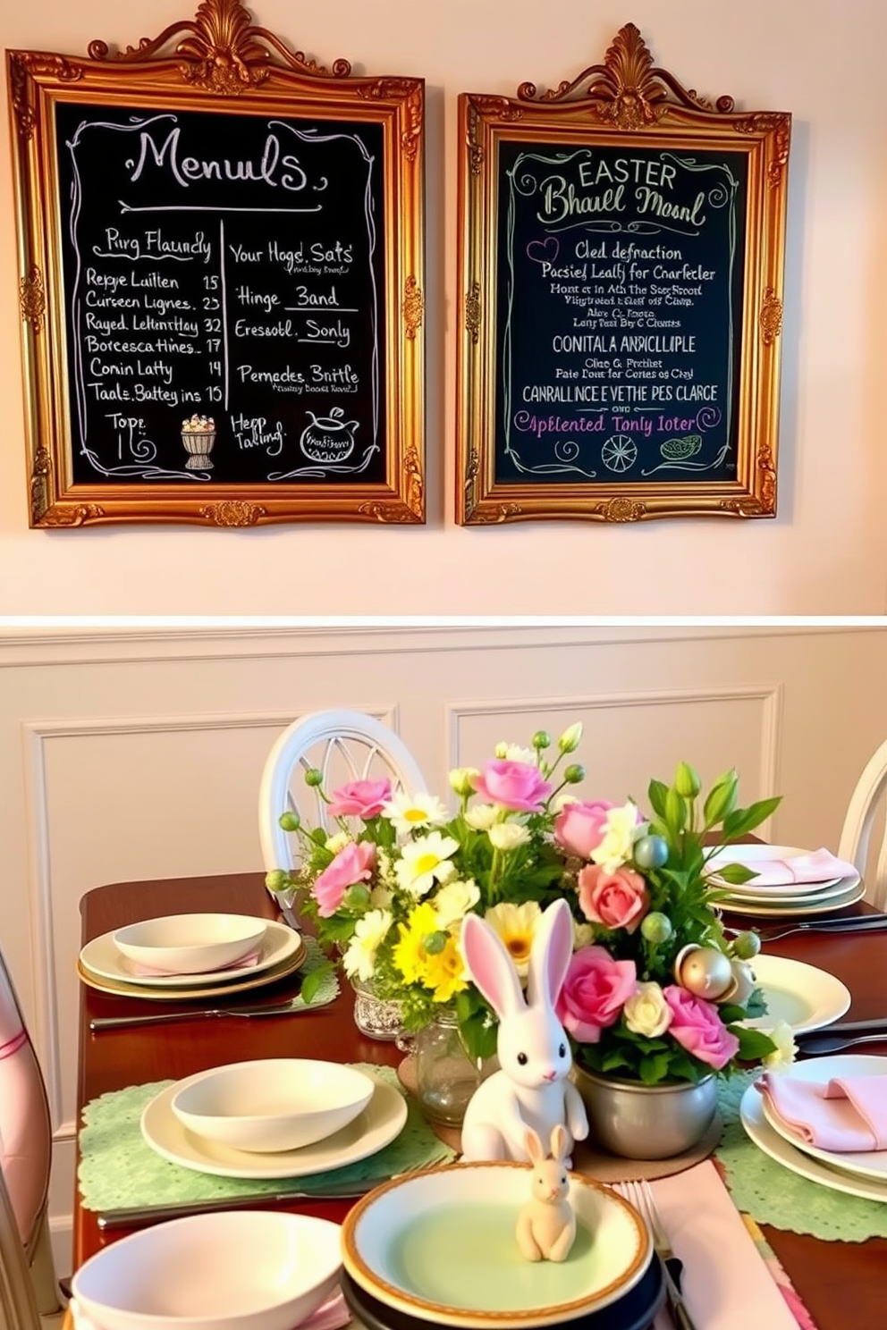 Chalkboard signs for menu display in a cozy dining room setting. The signs are elegantly framed and feature handwritten menus with colorful chalk illustrations. Easter decorating ideas for a festive dining room atmosphere. The table is adorned with pastel-colored tableware, floral centerpieces, and charming bunny figurines.