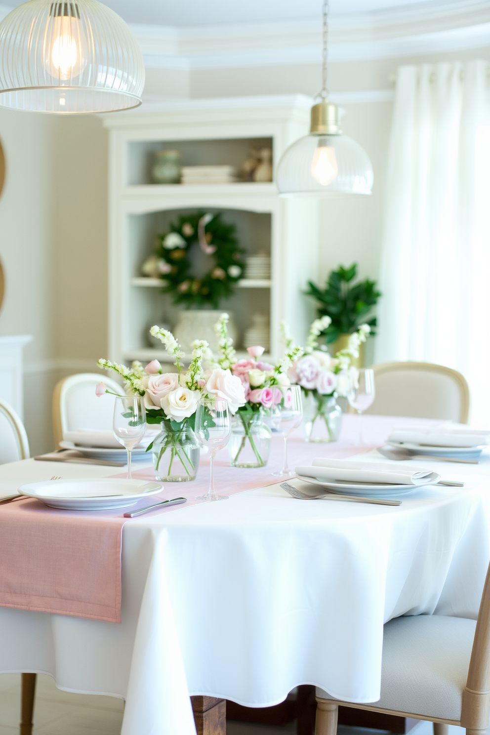 Layered textures with tablecloths and runners create an inviting dining room atmosphere. A crisp white tablecloth serves as the base, topped with a soft pastel runner that adds a touch of elegance. Delicate floral centerpieces in pastel hues enhance the festive feel of the space. Soft, ambient lighting from chic pendant lamps casts a warm glow over the beautifully set table.