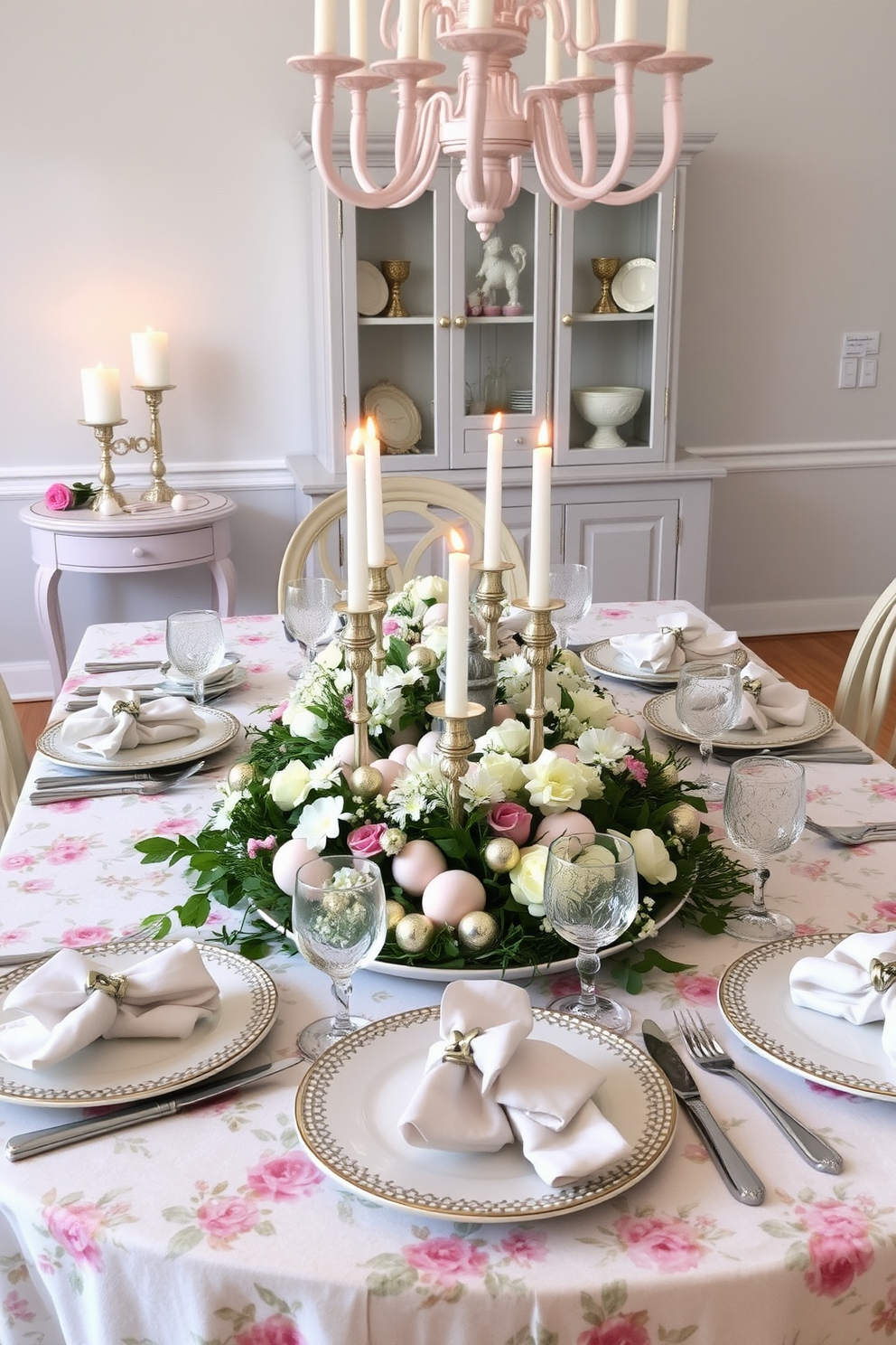 A beautifully set dining table for Easter featuring a pastel color palette. The table is adorned with a floral tablecloth, elegant dinnerware, and decorative eggs nestled among fresh flowers. Charming table games are creatively arranged at each place setting to engage guests. Soft lighting from candles enhances the festive atmosphere, creating a warm and inviting space.