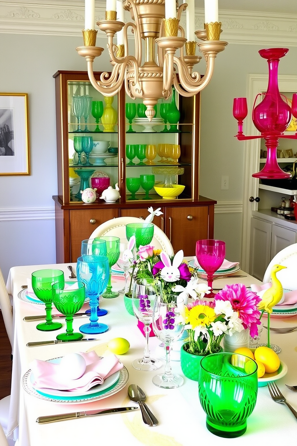 A vibrant dining room setting adorned with an array of brightly colored glassware that adds a cheerful touch to the space. The table is elegantly set with pastel table linens and playful Easter-themed decorations, creating a festive atmosphere.