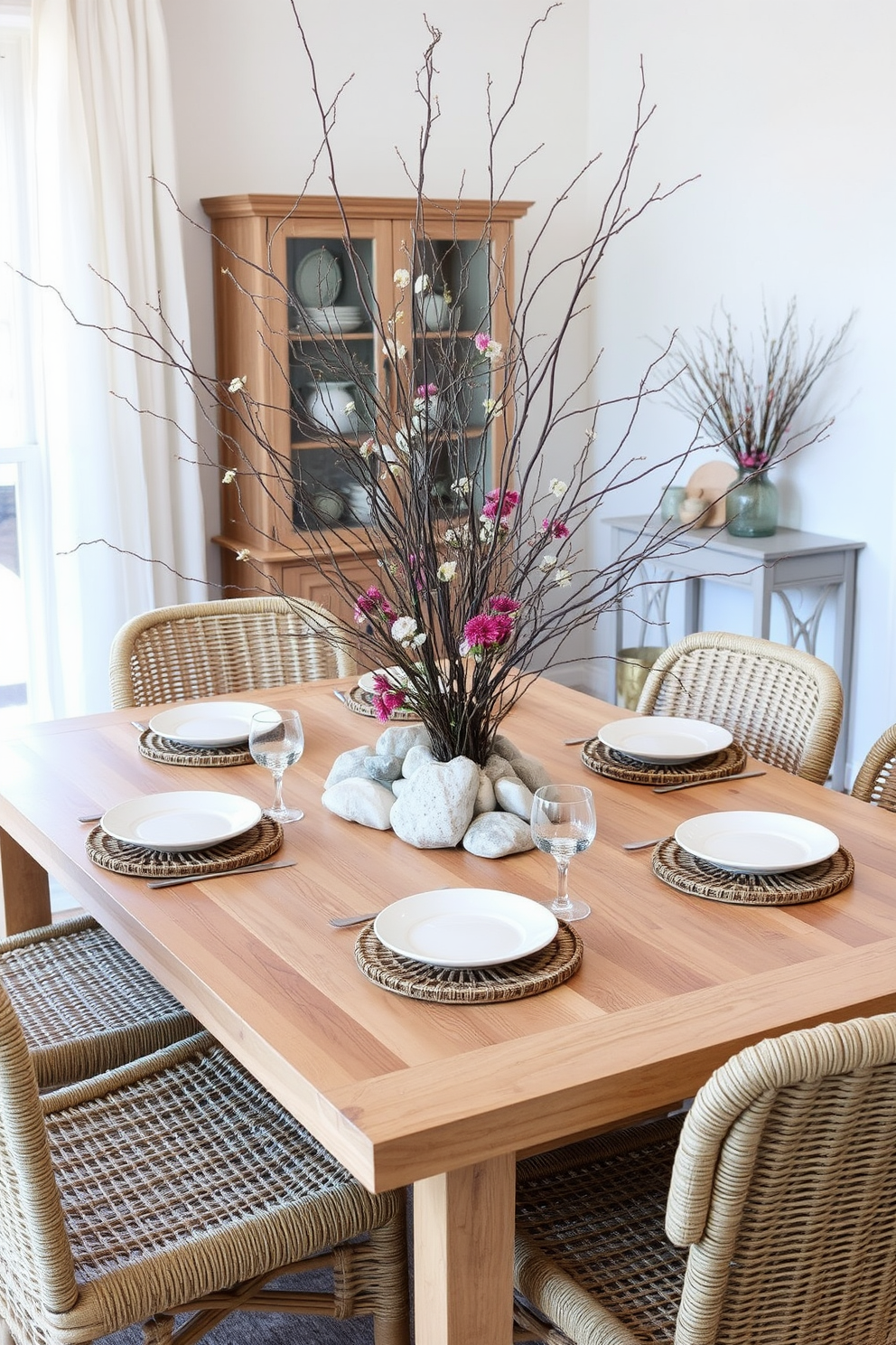 A serene dining room setting that incorporates natural elements like smooth stones and delicate twigs. The table is adorned with a rustic centerpiece made of twigs intertwined with seasonal flowers, creating a warm and inviting atmosphere. Soft, earthy tones dominate the decor, with a natural wood table surrounded by woven chairs. Elegant place settings feature stone coasters and simple white dishware, enhancing the organic theme of the space.