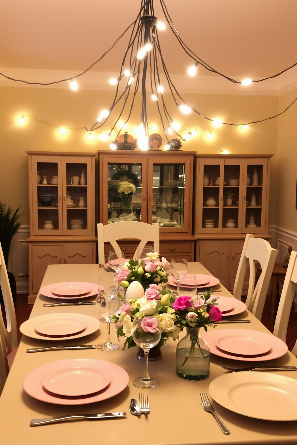 A cozy dining room illuminated by soft lighting from string lights hanging above the table. The table is elegantly set with pastel-colored plates and floral centerpieces, creating a festive atmosphere for Easter celebrations.