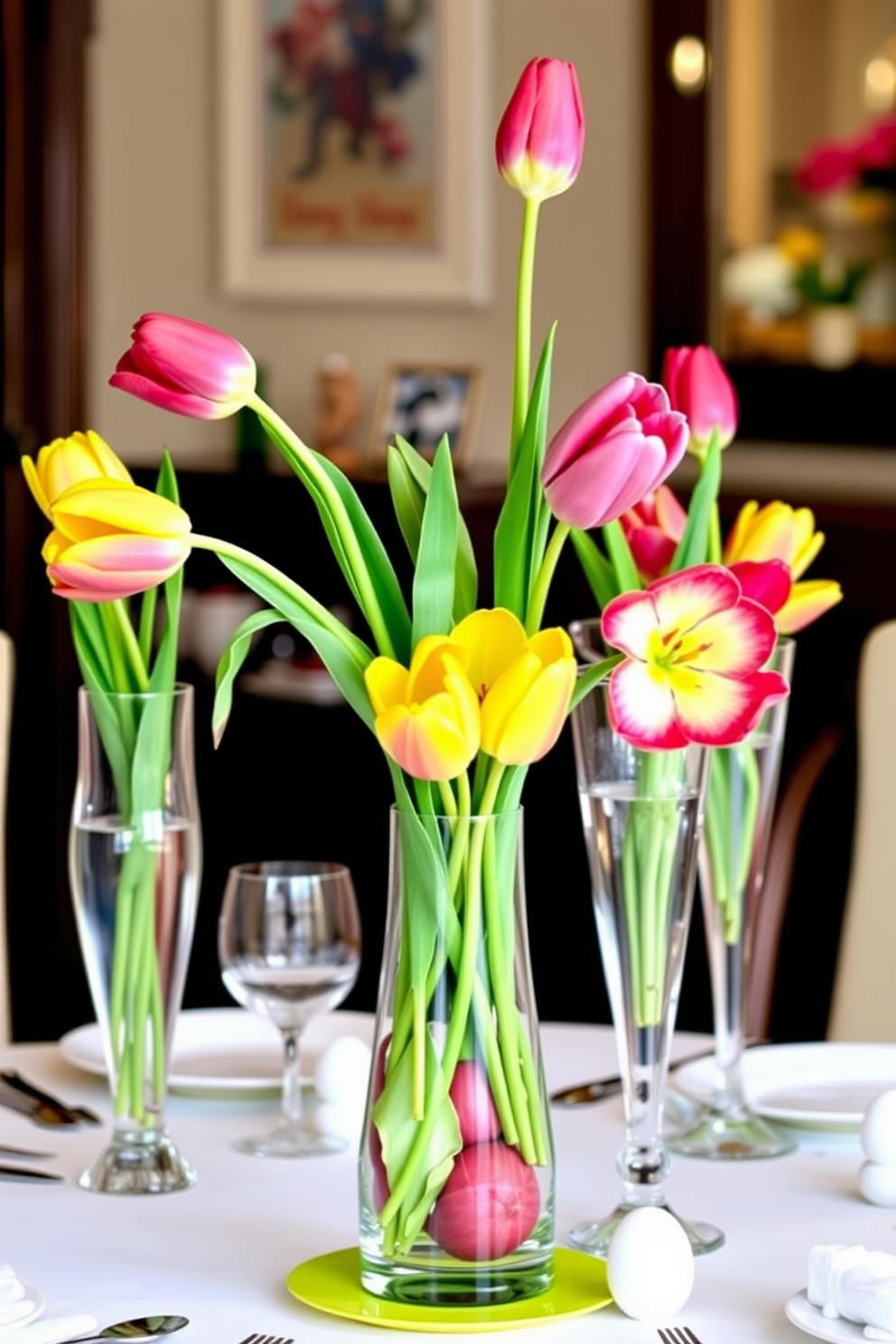 A beautifully set dining table adorned with elegant glass vases filled with vibrant tulips. The vases are placed at varying heights, creating a dynamic centerpiece that enhances the festive Easter atmosphere.