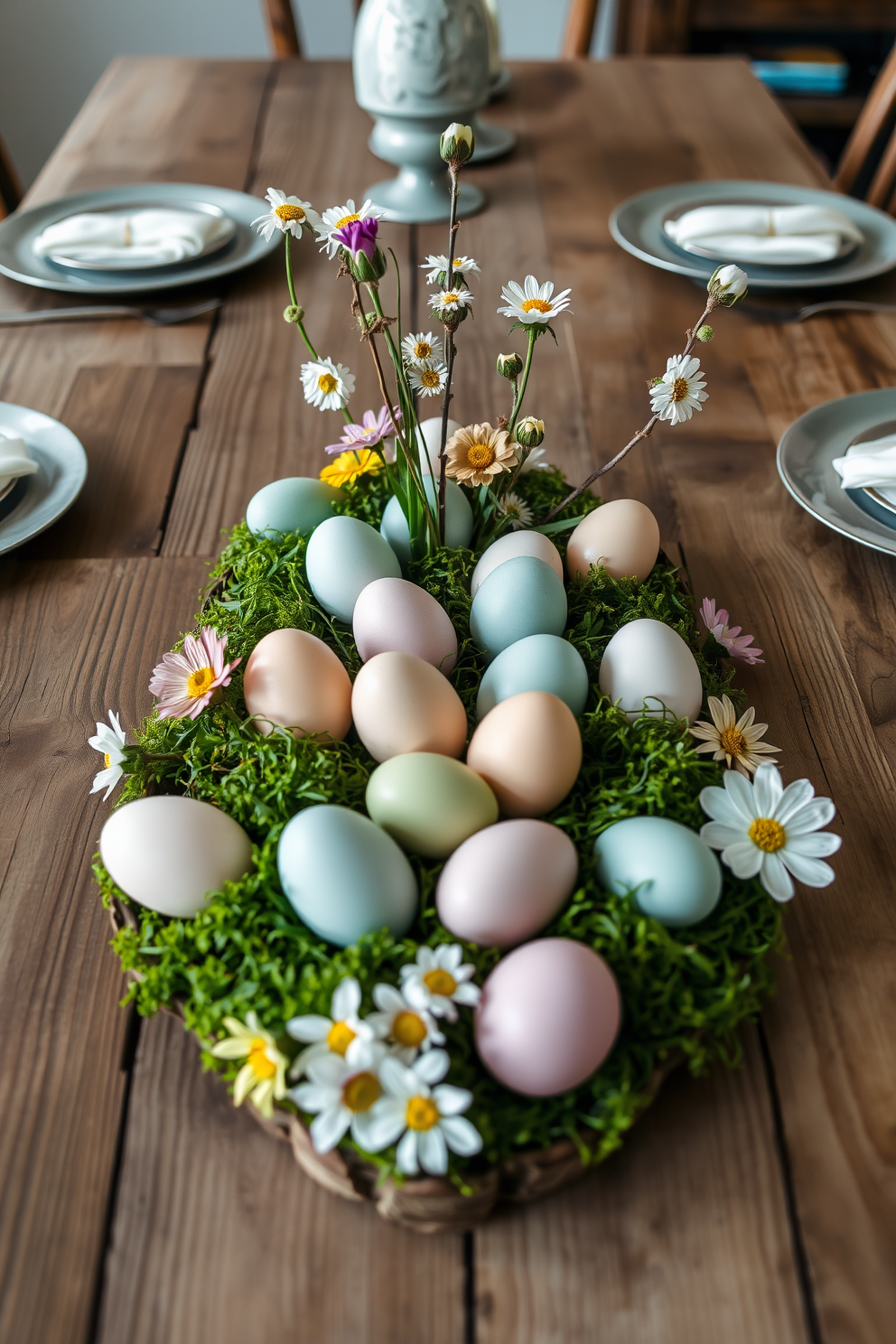 A creative egg display is arranged on a rustic wooden dining table. The table is adorned with pastel-colored eggs in various sizes, nestled in a bed of green moss and surrounded by fresh spring flowers.