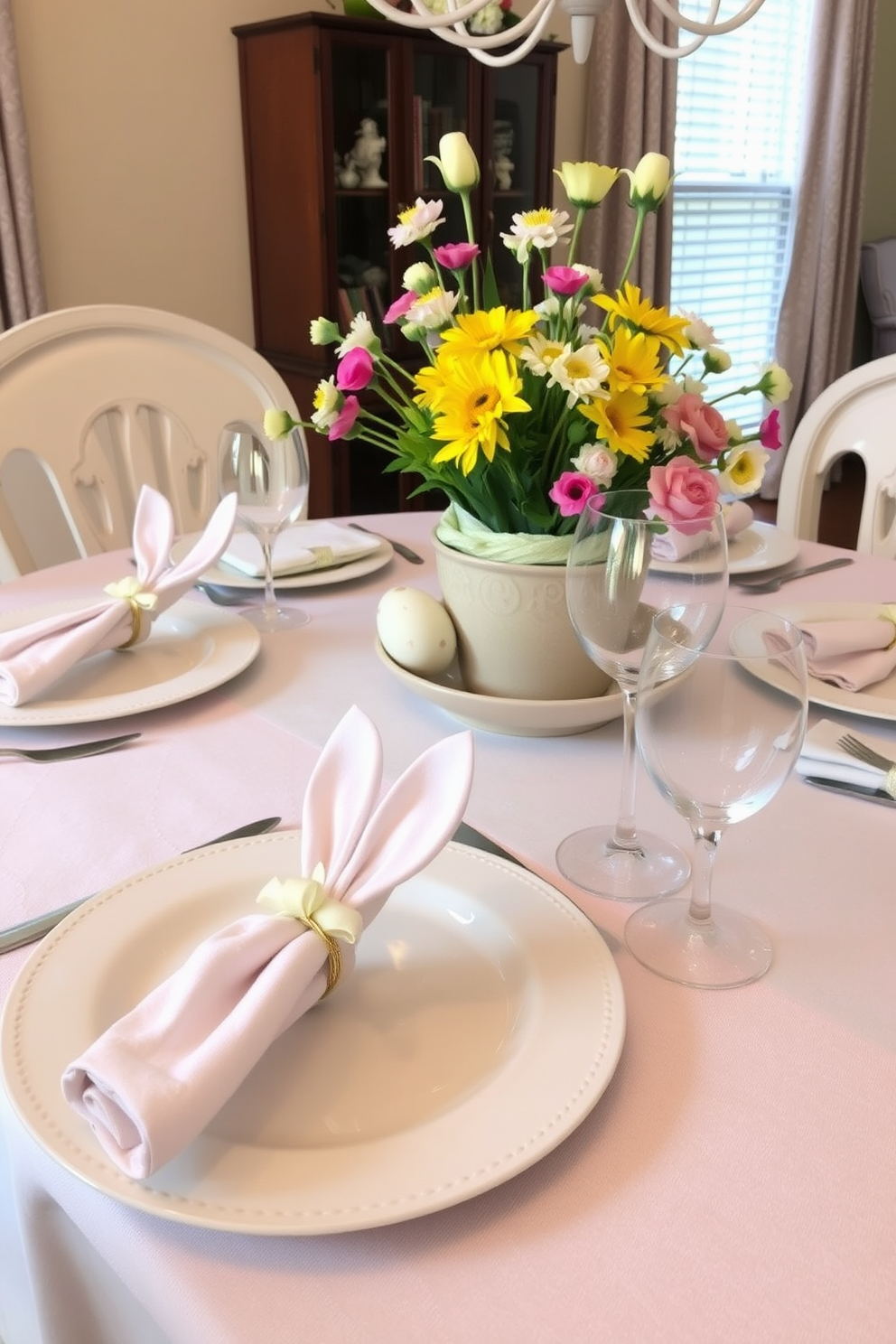 A charming dining room setting for Easter features bunny ear napkin rings elegantly placed on each plate. The table is adorned with a pastel-colored tablecloth and a centerpiece of fresh spring flowers, creating a festive atmosphere.