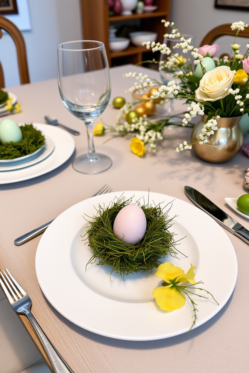 A beautifully set dining table for Easter featuring decorative egg place settings. Each place setting includes a pastel-colored egg nestled in a bed of moss on a crisp white plate, surrounded by delicate floral arrangements.