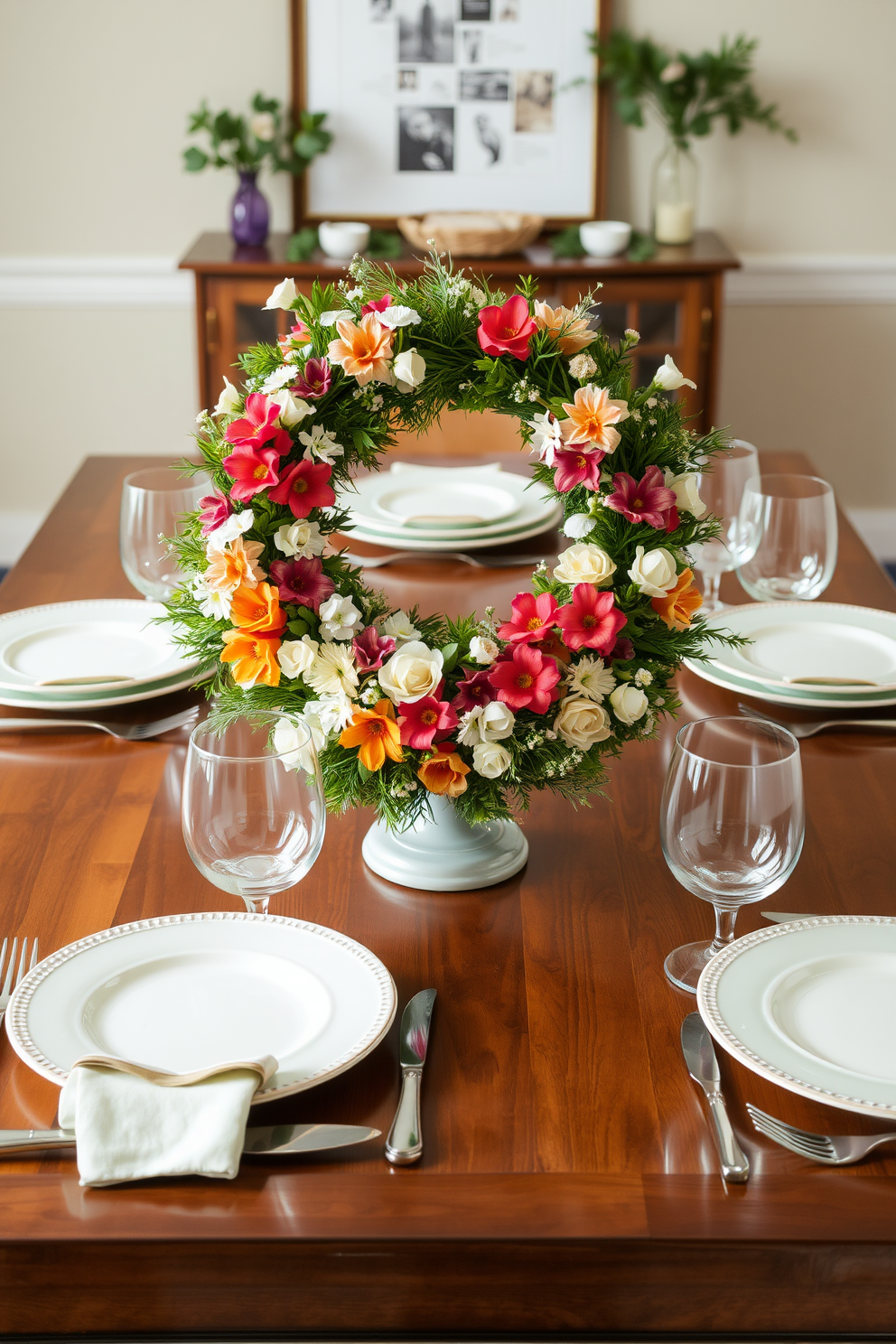 A vibrant seasonal wreath made of fresh flowers and greenery is placed as a stunning centerpiece on a polished wooden dining table. Surrounding the wreath, elegant table settings feature pastel-colored plates and delicate glassware, creating a festive atmosphere for Easter celebrations.