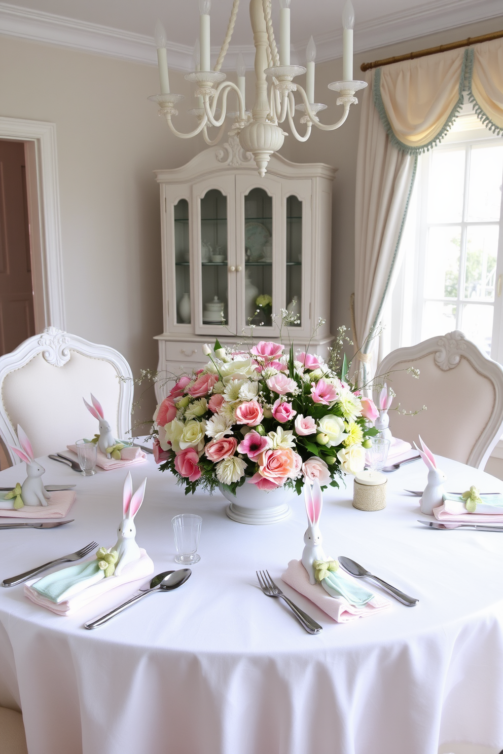 A charming dining room adorned for Easter features a beautifully set table with an elegant white tablecloth. Bunny figurines in various sizes and poses are artfully placed as table accents, adding a playful touch to the sophisticated decor. Soft pastel colors dominate the space, with light pink and mint green accents in the tableware and floral arrangements. The centerpiece is a vibrant bouquet of spring flowers, complemented by delicate bunny-themed napkin rings for a festive feel.