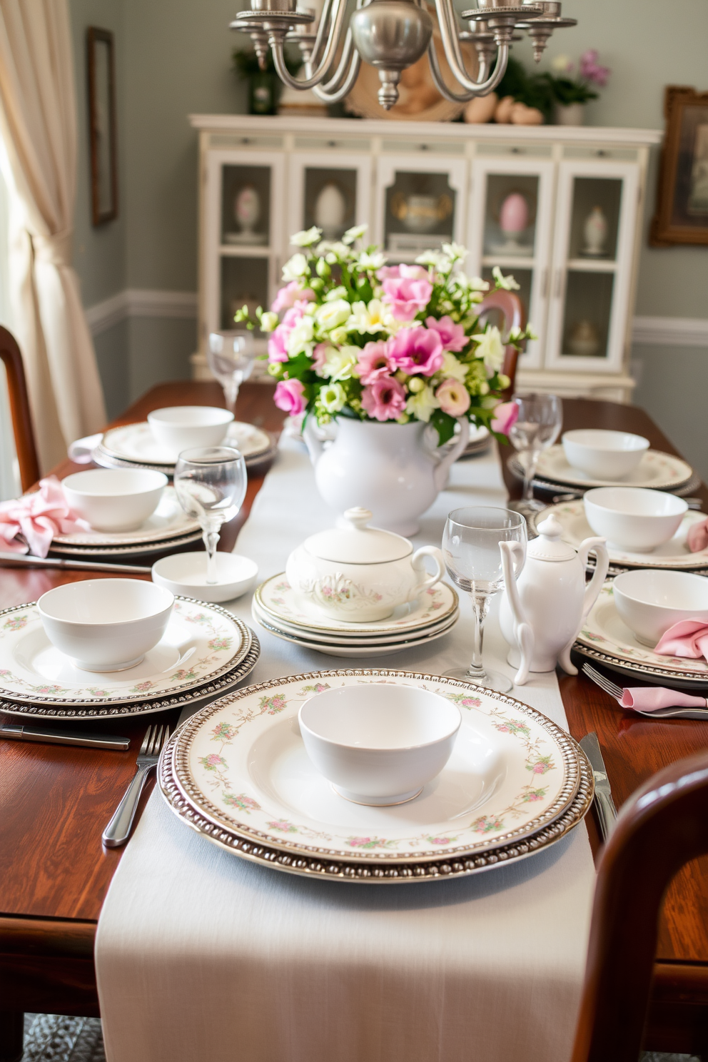 A charming vintage china set is elegantly arranged on a beautifully set dining table. The table is adorned with pastel-colored linens and a centerpiece of fresh spring flowers, creating a warm and inviting atmosphere for Easter celebrations.