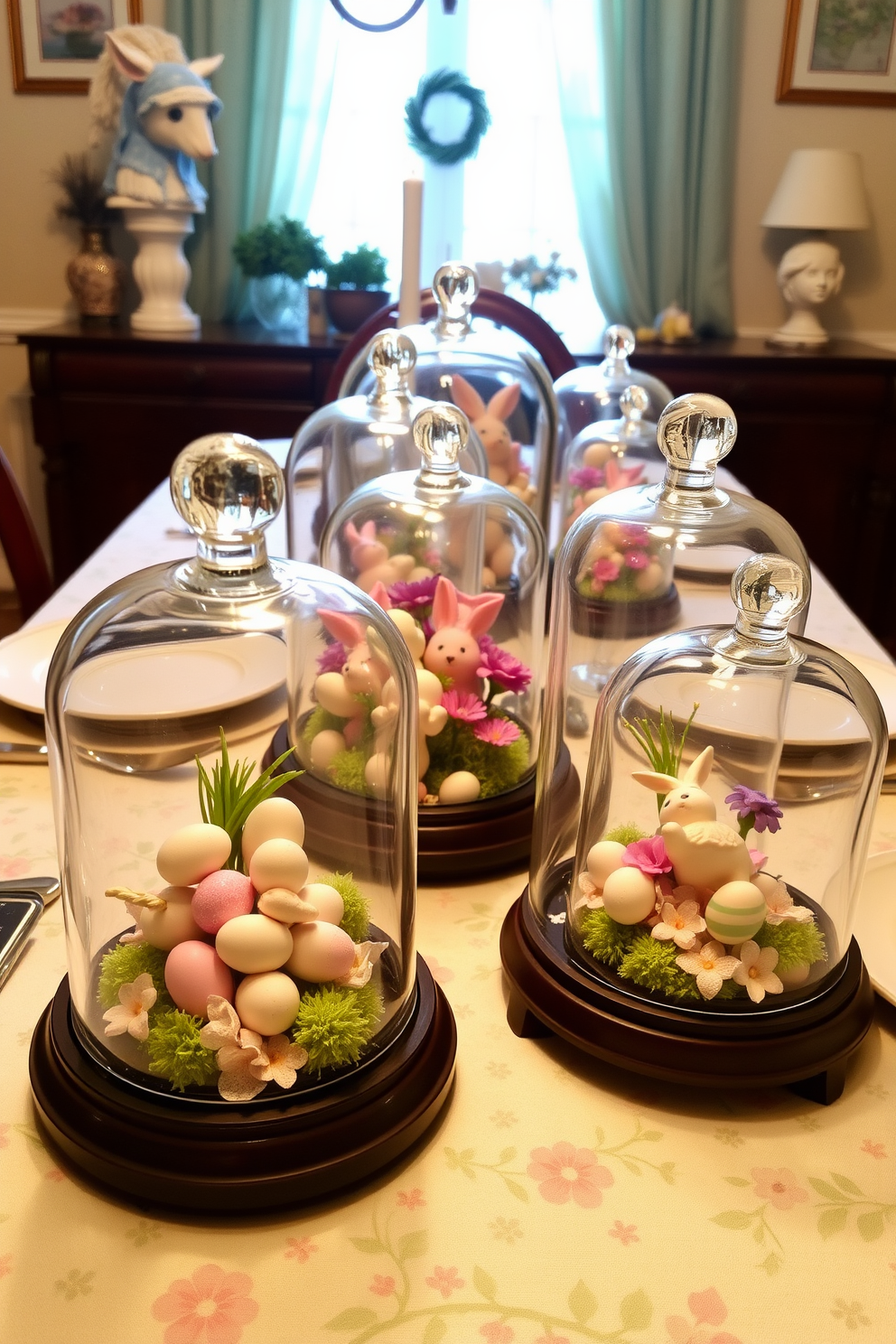 Create a charming dining room scene featuring glass cloches displaying an assortment of mini decorations. The table is set with a pastel tablecloth, and each cloche is filled with themed items such as small eggs, bunnies, and spring flowers.