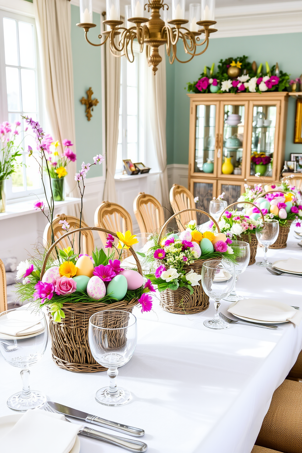 A vibrant dining room adorned with colorful Easter baskets as centerpieces. Each basket is filled with an assortment of pastel-colored eggs, fresh flowers, and spring greenery, creating a festive atmosphere. The dining table is elegantly set with a white tablecloth, complemented by delicate china and sparkling glassware. Soft, natural light streams in through the windows, enhancing the cheerful ambiance of the Easter celebration.