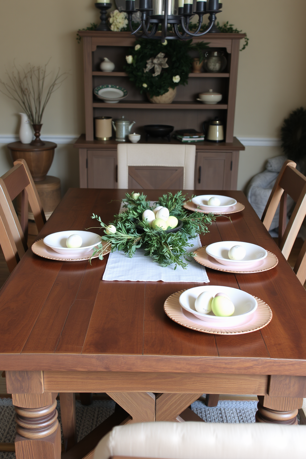 A rustic wooden table is set in a cozy dining room, adorned with fresh greenery and seasonal decorations. The table features a simple yet elegant table runner, complemented by charming pastel-colored plates and decorative eggs for an Easter theme.