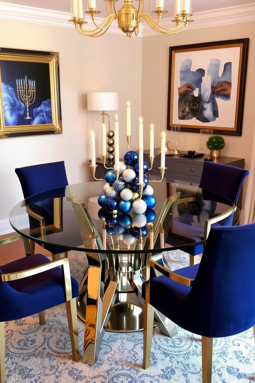 A contemporary dining room featuring a striking glass dining table with metallic legs that reflect the warm glow of candlelight. Surrounding the table are elegant chairs upholstered in rich navy fabric, complemented by shimmering gold accents in the decor. The walls are adorned with tasteful artwork that incorporates festive colors, creating a vibrant atmosphere for Hanukkah celebrations. A beautifully arranged centerpiece of blue and silver ornaments sits atop the table, enhancing the festive spirit while maintaining a sophisticated aesthetic.