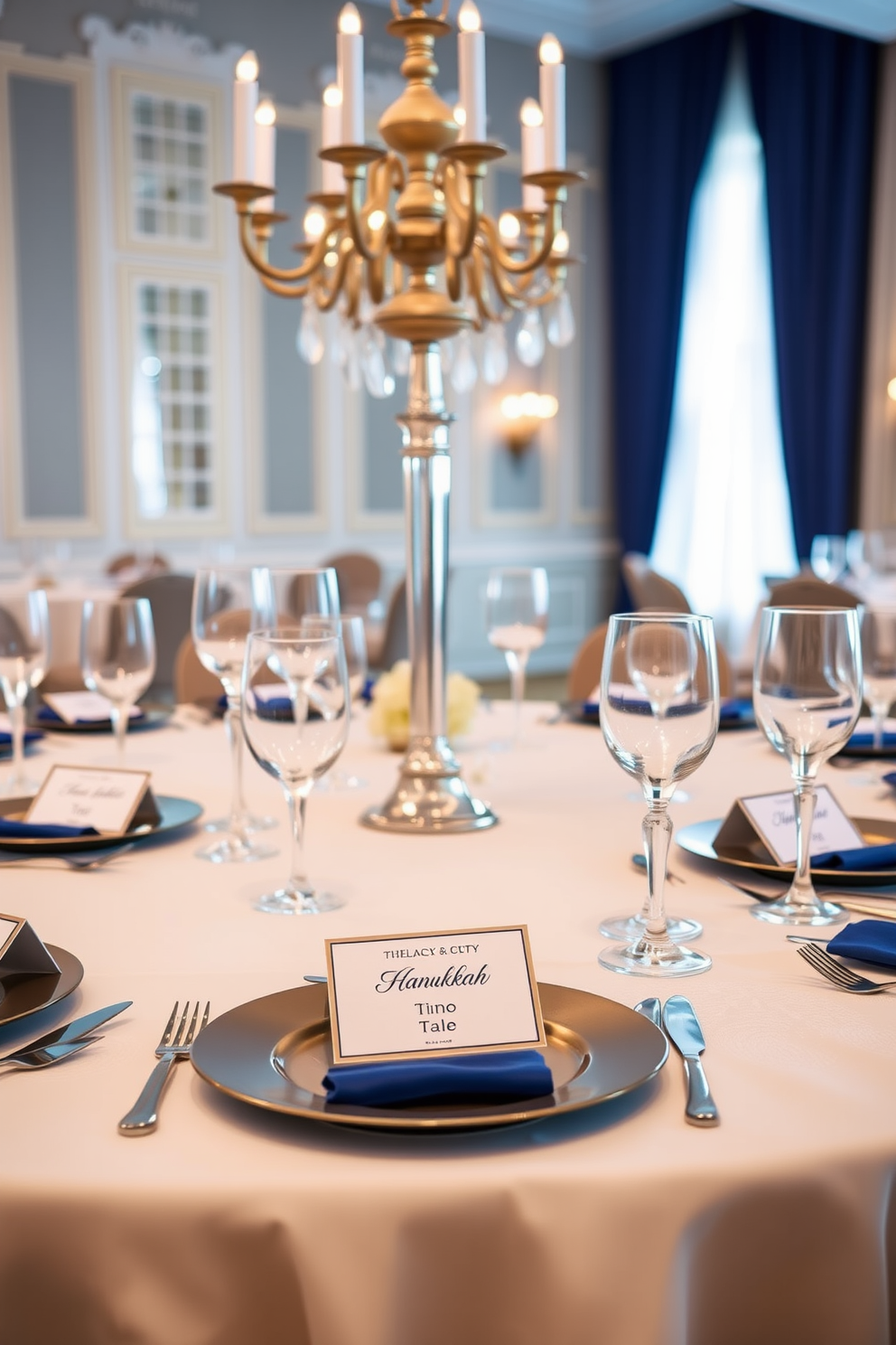 Personalized place settings for each guest in a beautifully designed dining room. The table is adorned with elegant linens, and each setting features unique name cards and festive accents that reflect the spirit of Hanukkah.