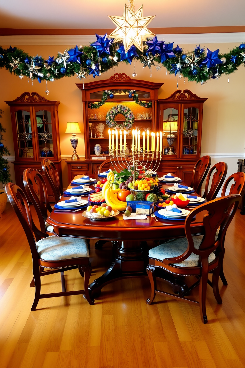 A vibrant dining room featuring a large wooden table set with an array of colorful fruit displays. The table is surrounded by elegant chairs, and a beautiful centerpiece showcases seasonal fruits in an artistic arrangement. For Hanukkah decorating ideas, the room is adorned with blue and silver accents, including a menorah placed prominently on the table. Soft lighting creates a warm atmosphere, enhancing the festive spirit with decorative garlands and star motifs.