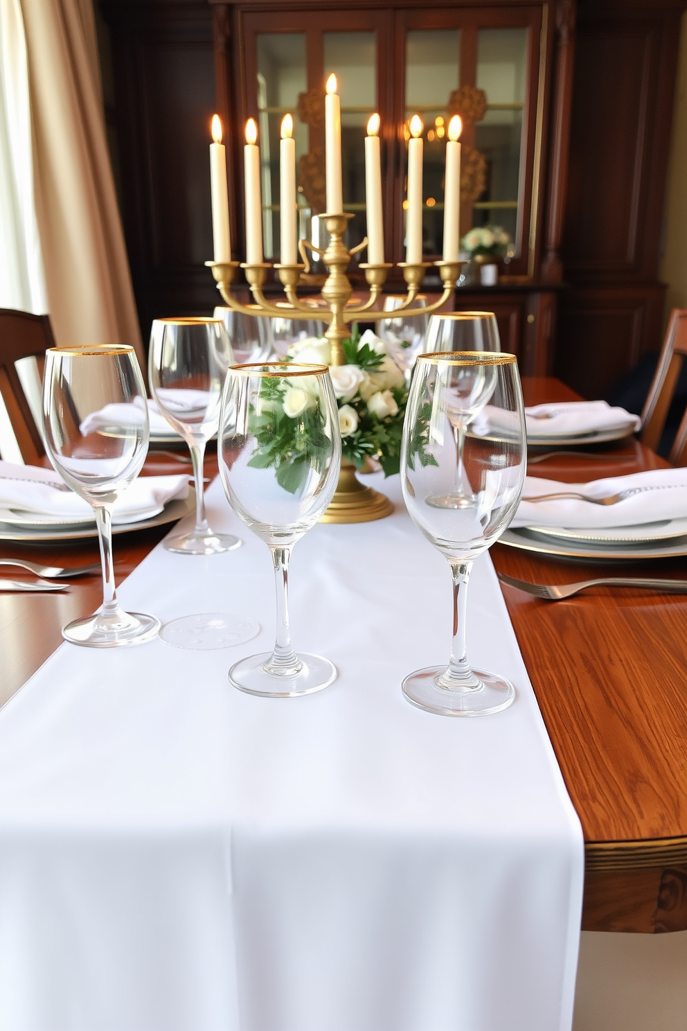 A festive dining room setting adorned with a vibrant table runner featuring traditional symbols of Hanukkah. The table is set with elegant dinnerware, and warm candlelight from a menorah creates a cozy atmosphere.