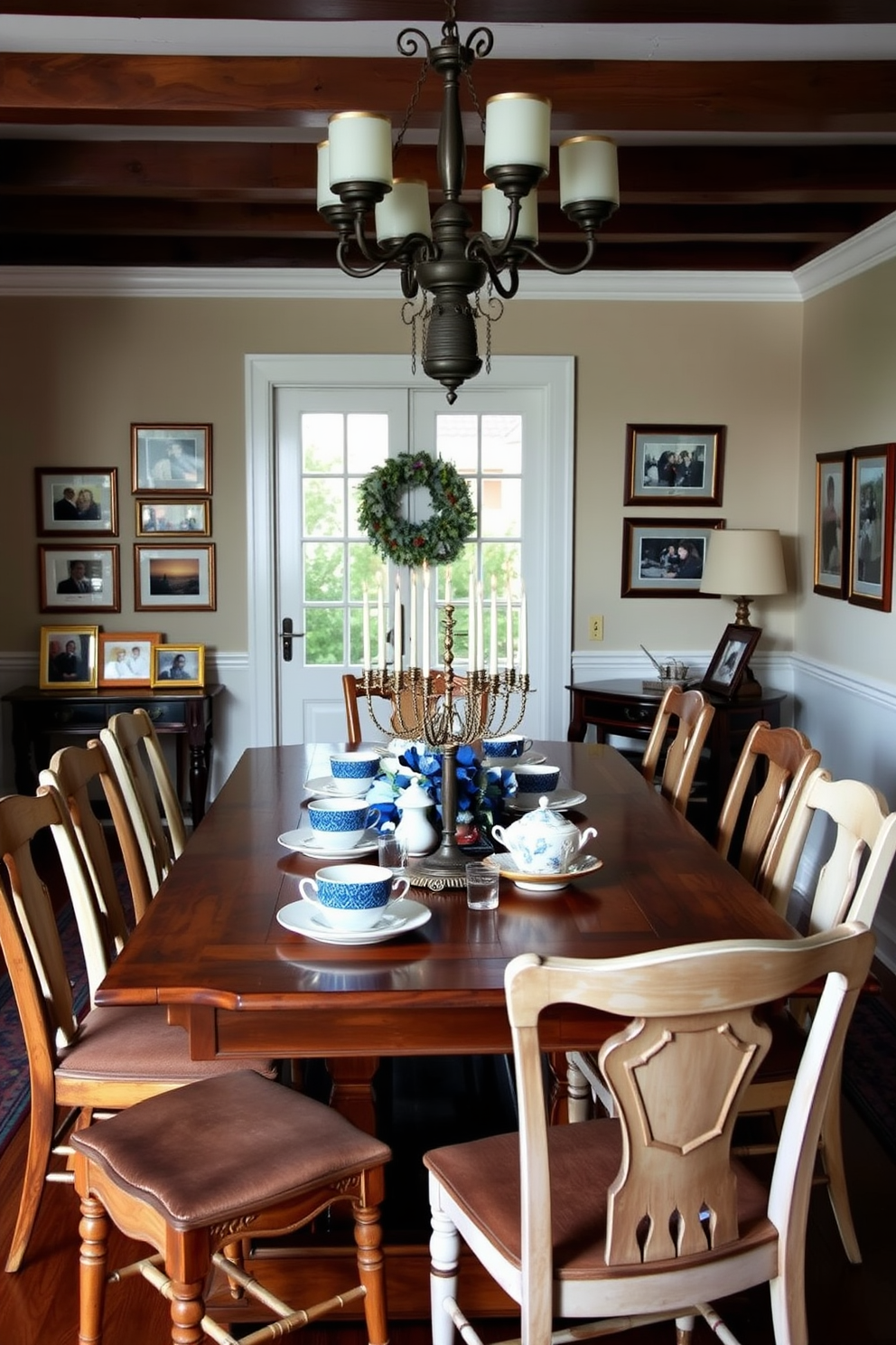 A warm and inviting dining room features a large wooden table surrounded by mismatched chairs that have been passed down through generations. Family heirlooms such as a vintage china set and an ornate candelabra are elegantly displayed on the table, creating a sense of nostalgia and connection. The walls are adorned with framed photographs of family gatherings, capturing cherished memories from past celebrations. Soft, ambient lighting from a statement chandelier enhances the festive atmosphere, while festive decorations in blue and silver reflect the spirit of Hanukkah, including a beautifully arranged menorah at the center of the table.