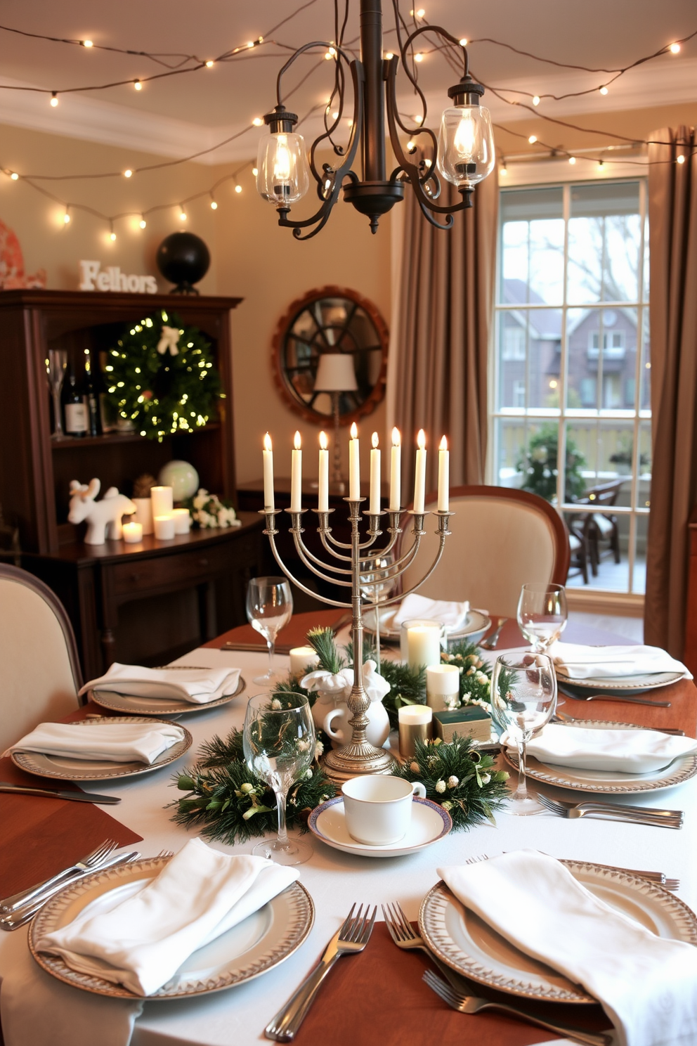 A cozy dining room setting adorned with soft lighting from string lights overhead. The table is beautifully set with elegant dinnerware and festive decorations for Hanukkah, featuring a menorah as the centerpiece.