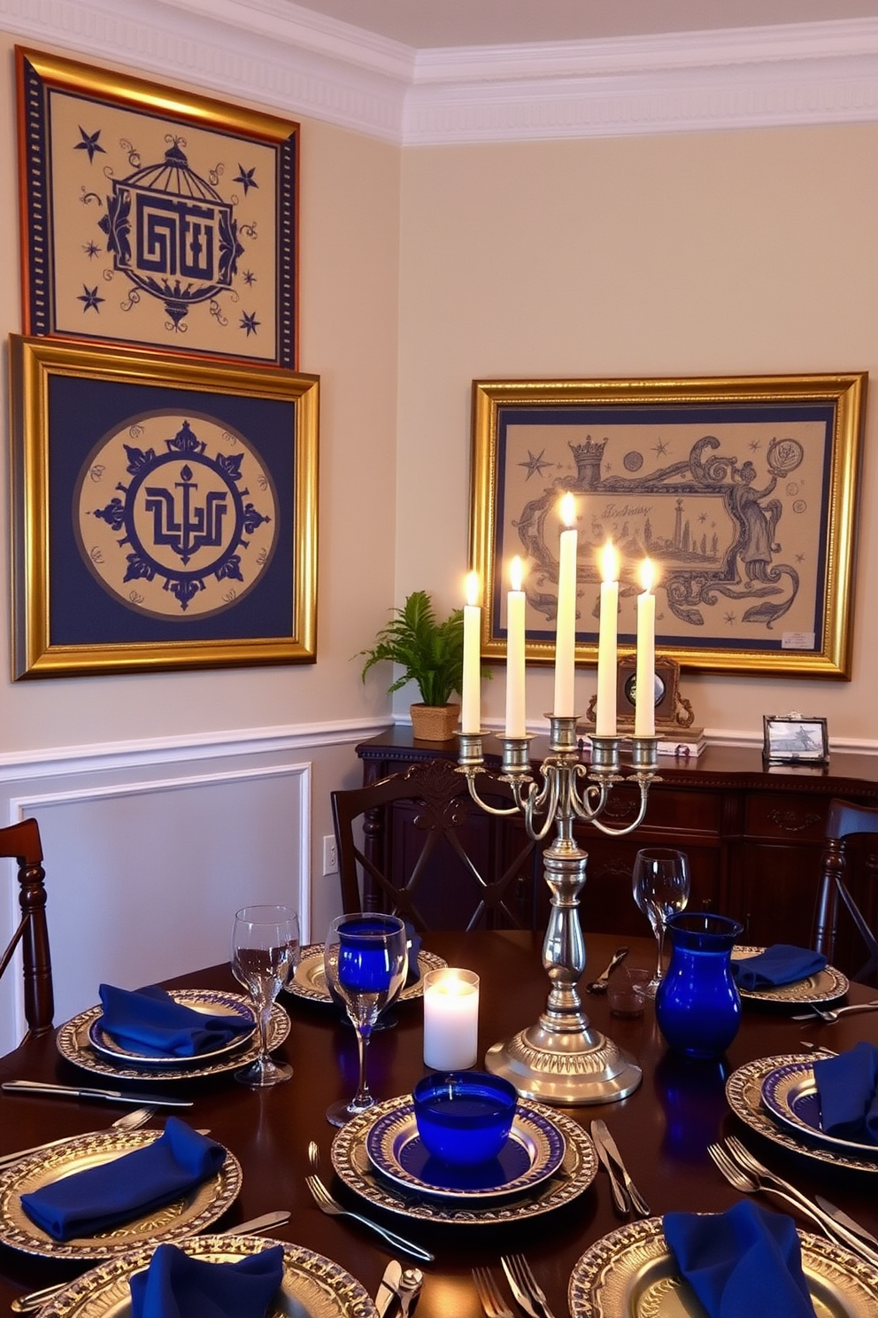 A beautifully decorated dining room for Hanukkah features artistic wall hangings that depict traditional symbols and motifs of the holiday. The warm glow of candles from a menorah adds a cozy ambiance, complemented by a table set with elegant blue and silver tableware.