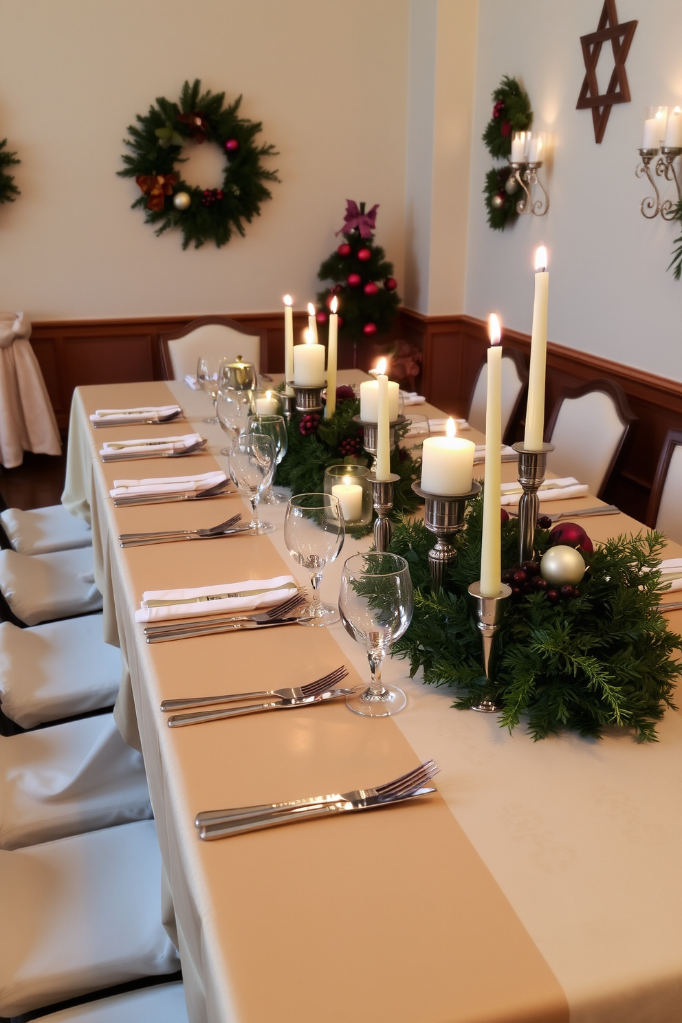 A beautifully set dining table adorned with traditional dishes for Hanukkah. The table features a crisp white tablecloth, elegant blue and silver dinnerware, and sparkling menorah centerpiece surrounded by decorative dreidels. The walls are decorated with festive garlands and soft blue lighting that creates a warm ambiance. Plush chairs with intricate patterns invite guests to gather and celebrate around the table.