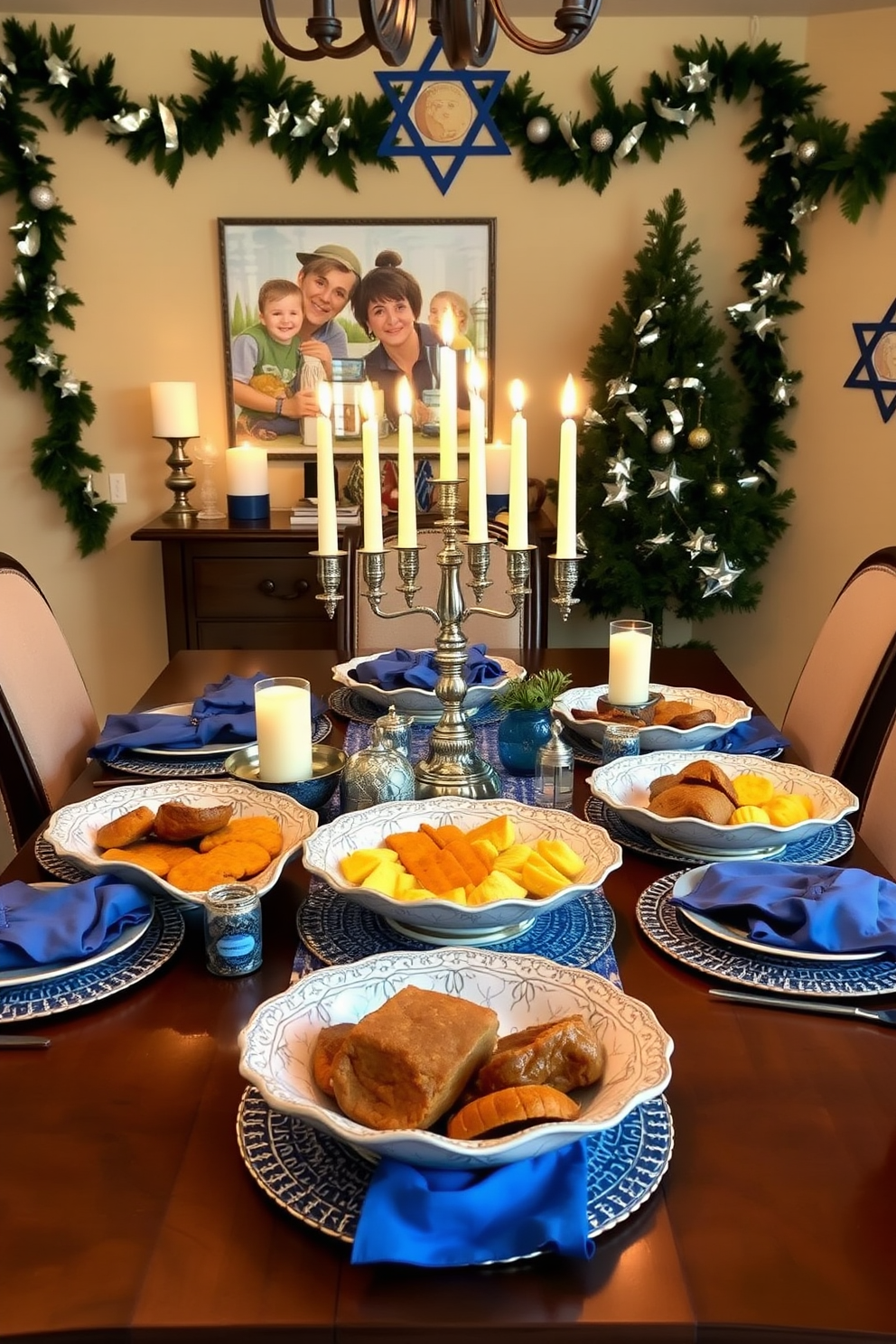 Create a warm and inviting dining room setting for Hanukkah. The table is adorned with unique serving dishes featuring traditional foods like latkes and brisket, surrounded by elegant blue and silver decor. Soft candlelight flickers from a beautiful menorah placed at the center of the table. The walls are decorated with festive garlands and star of David accents, creating a cozy atmosphere for family gatherings.