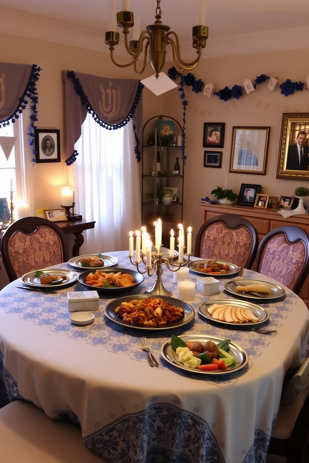 A warm and inviting dining room adorned with decorations that celebrate family traditions during Hanukkah. The table is set with a beautiful blue and white tablecloth, featuring a menorah at the center and traditional dishes served on elegant platters. The walls are adorned with handmade decorations, including paper dreidels and festive garlands that reflect the family's heritage. Soft lighting from candles creates a cozy atmosphere, while family photos in decorative frames add a personal touch to the space.