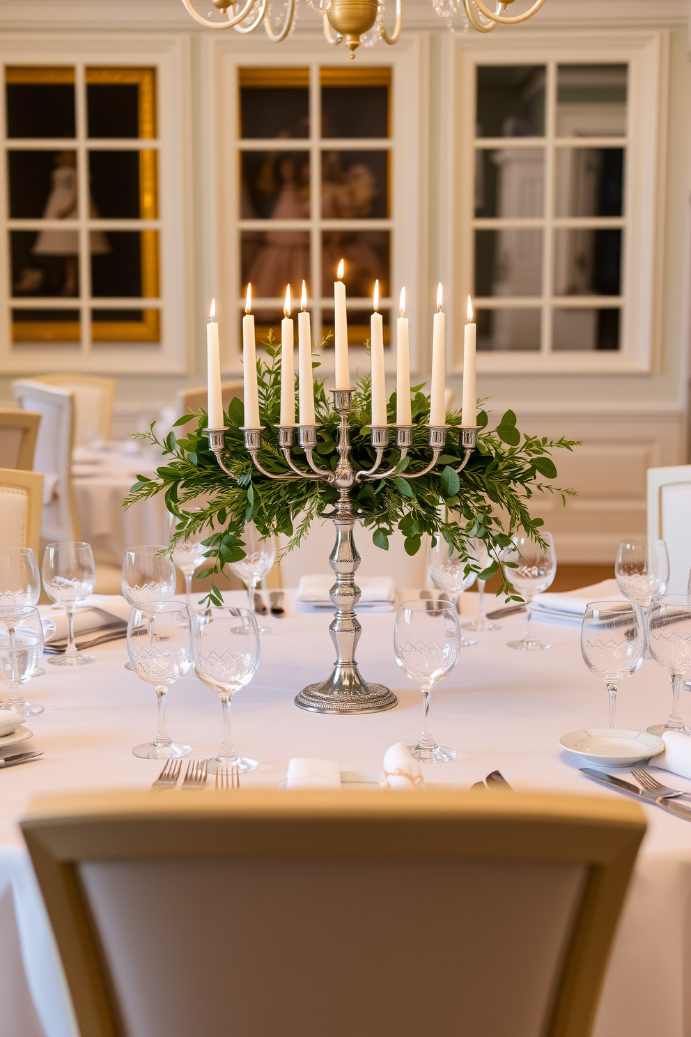 A beautifully arranged dining room featuring a menorah centerpiece adorned with fresh greenery. The table is elegantly set with fine china and sparkling glassware, creating a warm and inviting atmosphere for Hanukkah celebrations.