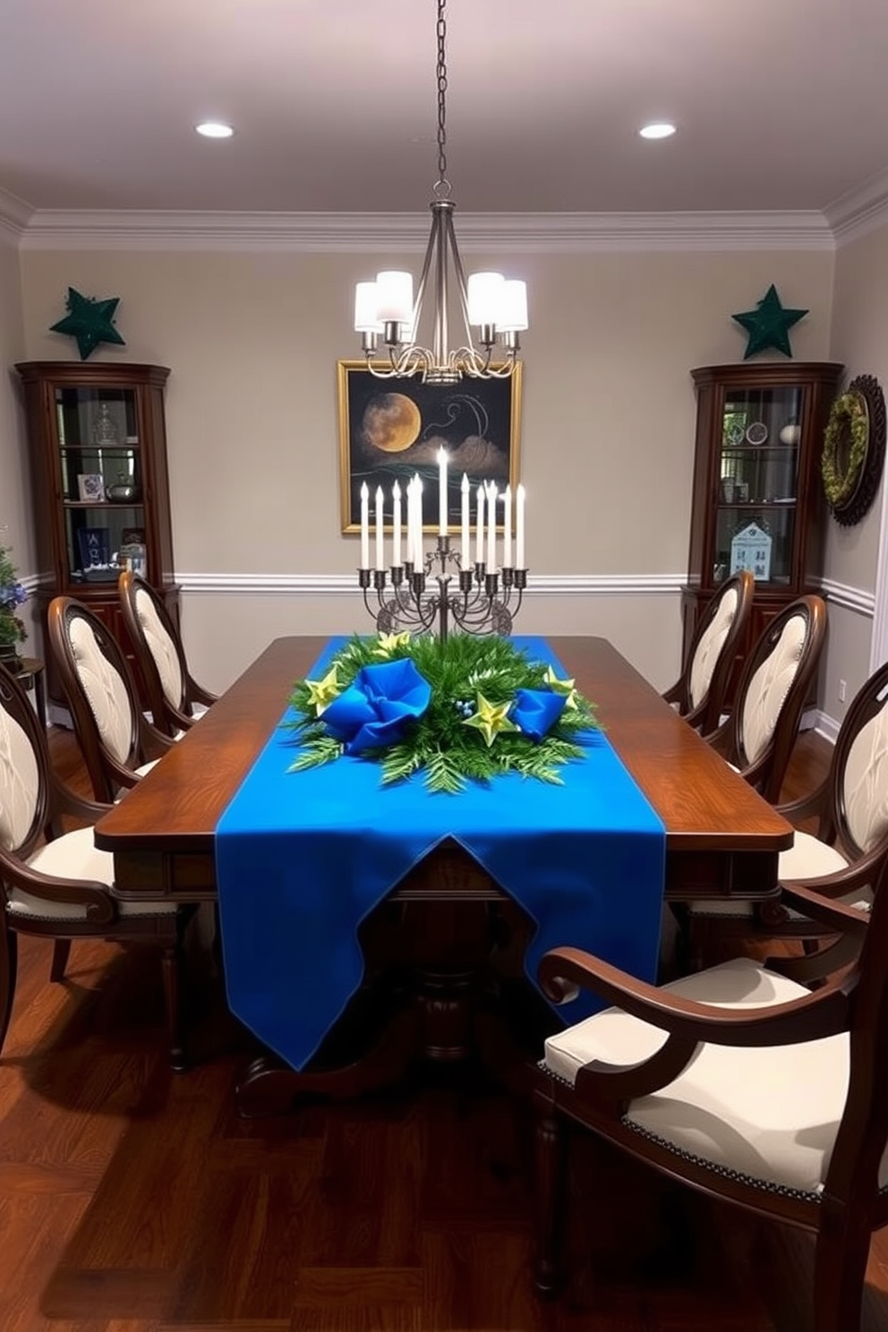 A dining room designed for Hanukkah celebrations features a large wooden table adorned with a vibrant blue and white tablecloth. Surrounding the table are elegant chairs with plush cushions, and the centerpiece is a beautifully arranged menorah surrounded by seasonal greenery. The walls are decorated with festive artwork that reflects the holiday spirit, and soft lighting creates a warm ambiance. Decorative elements like dreidels and star of David ornaments are tastefully placed around the room, enhancing the celebratory atmosphere.