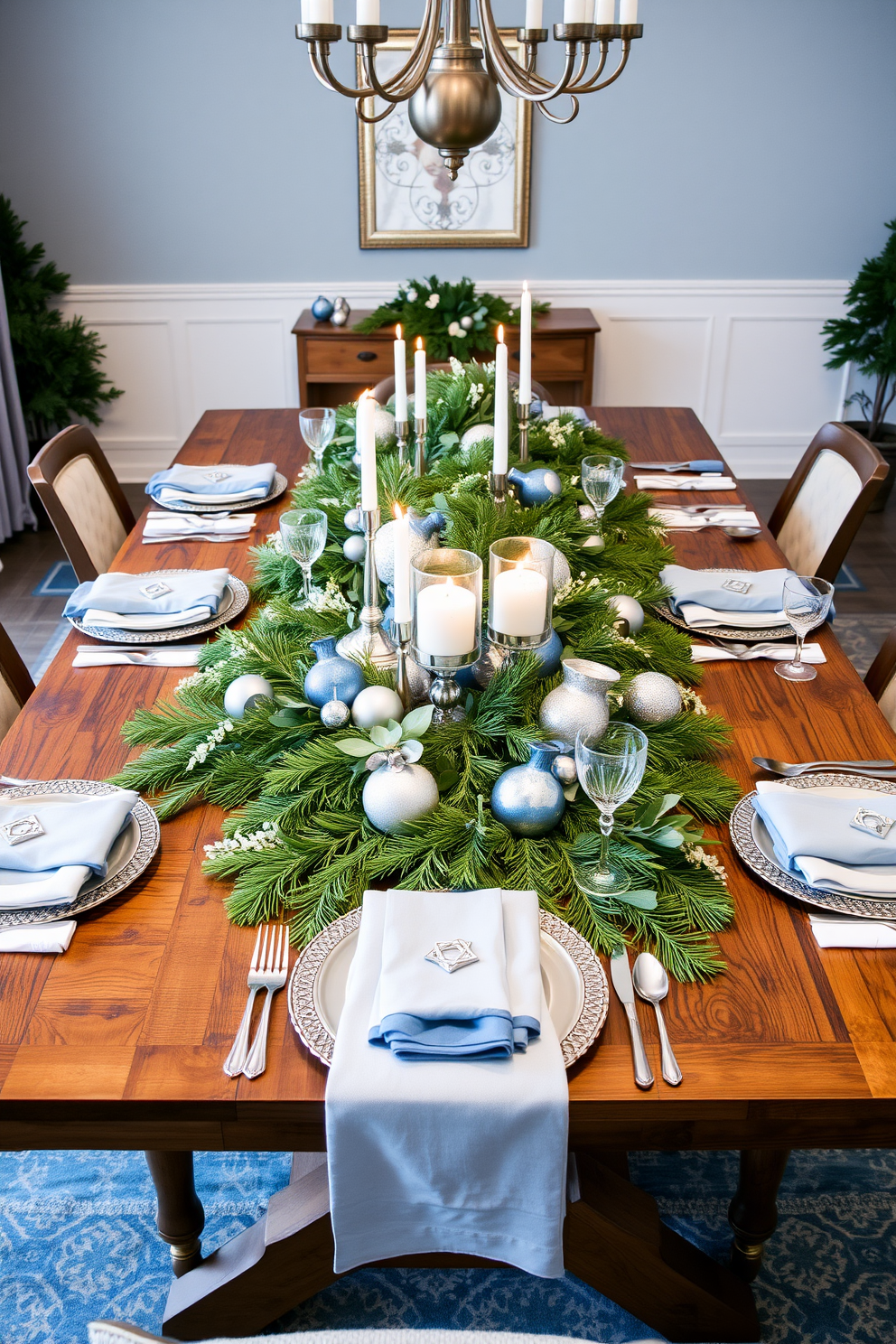 A beautifully arranged dining room featuring a large wooden table adorned with seasonal greenery and elegant Hanukkah symbols. Soft blue and silver accents complement the festive decor, with menorahs and dreidels artfully placed among the greenery.