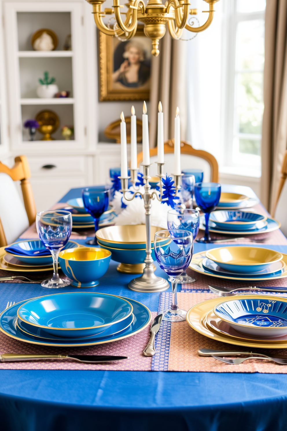 A vibrant dining room features a beautifully set table adorned with an array of brightly colored tableware. The plates, bowls, and glasses showcase shades of blue, gold, and silver, creating a festive atmosphere perfect for Hanukkah celebrations.