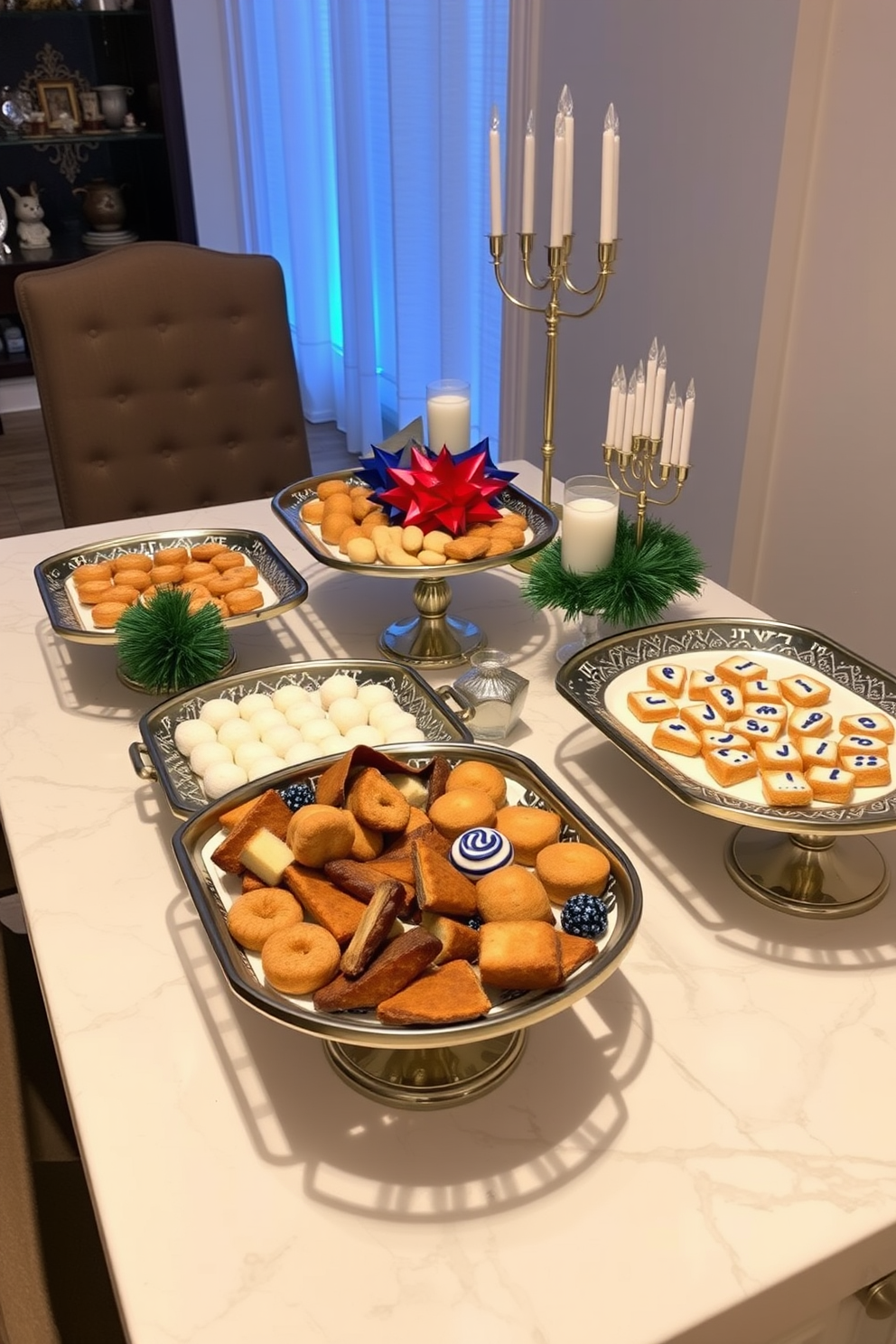 A collection of stylish serving trays elegantly arranged on a dining table, showcasing an array of holiday treats. The trays are adorned with festive decorations, featuring traditional colors and patterns that celebrate Hanukkah.