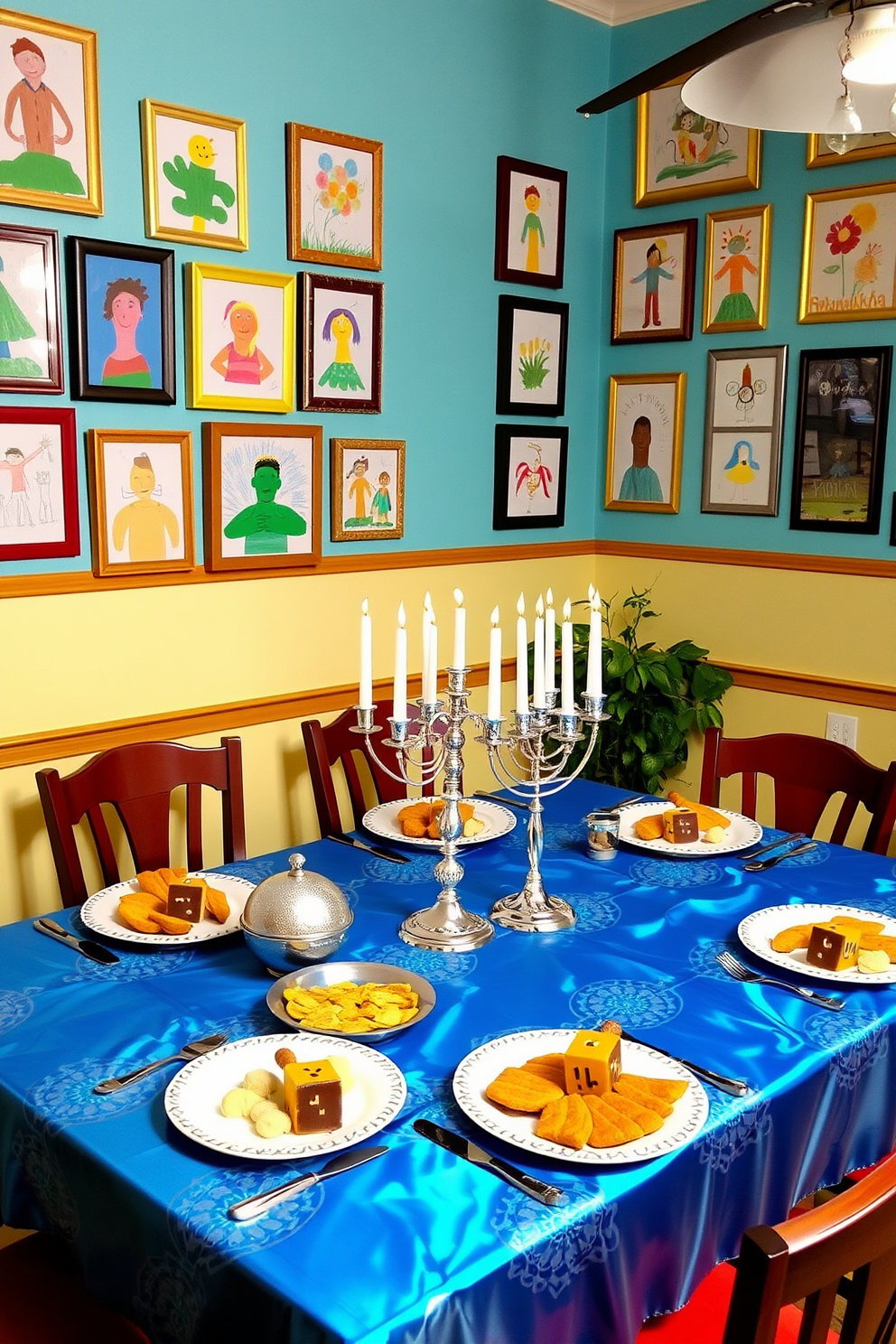 A vibrant dining room filled with warmth and character. The walls are adorned with colorful children's artwork framed in playful designs, creating a lively atmosphere. The table is set for a festive Hanukkah celebration, featuring a beautiful blue and silver tablecloth. Menorahs and dreidels are artfully arranged as centerpieces, alongside plates of traditional treats.