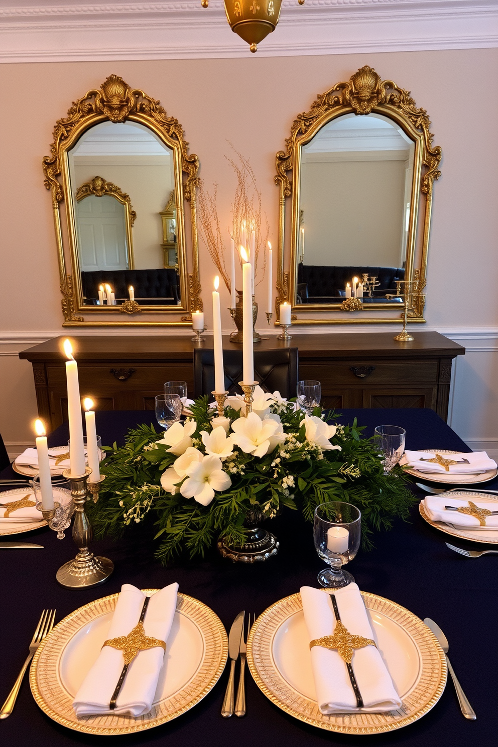 A beautifully set dining table adorned with elegant mirrors reflecting the warm glow of candlelight. The table features a rich navy tablecloth, fine china, and delicate silverware, creating a sophisticated atmosphere for Hanukkah celebrations. Decorative elements include a stunning centerpiece of fresh greenery and white flowers, complemented by shimmering gold accents. Soft, ambient lighting enhances the inviting ambiance, making the dining room a perfect setting for festive gatherings.