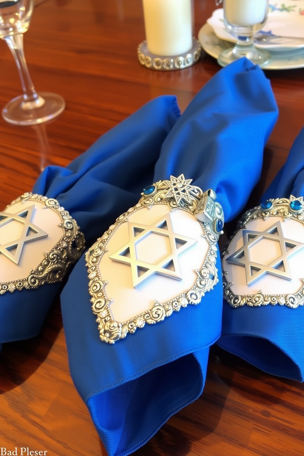 Create a set of themed napkin rings for a festive dining room setting. Each napkin ring should incorporate personal touches that reflect family traditions and memories associated with Hanukkah. Incorporate elements such as blue and silver colors, Star of David motifs, and small decorative dreidels. The overall design should evoke warmth and celebration, enhancing the dining experience during the holiday.