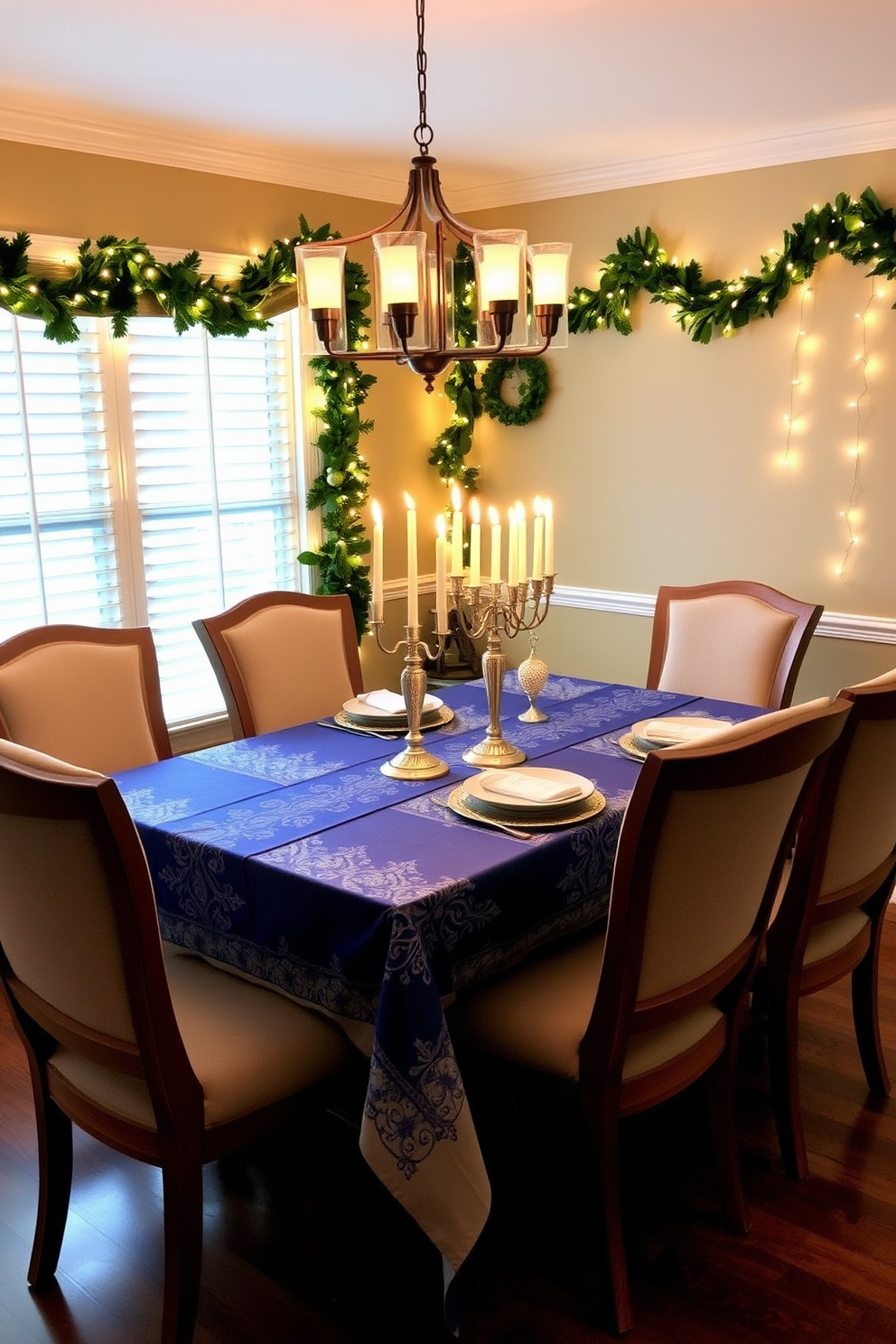 A warm and inviting dining room decorated for Hanukkah. The table is set with a beautiful blue and silver tablecloth, adorned with elegant menorahs and flickering candles. Surrounding the table are plush chairs with soft cushions, creating a comfortable space for family gatherings. The walls are adorned with festive garlands and twinkling string lights, enhancing the cozy ambiance.